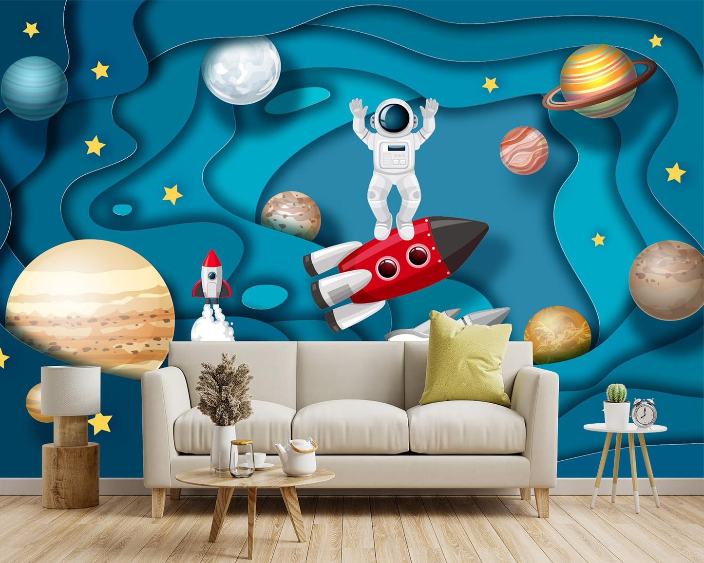 -Kindergarten Children Galactic Planet Fabric Wallpaper Living Room Bedroom Boys Girls Children Cartoon Astronauts Large Mural- 160"x108"（ not Peel and Stick）