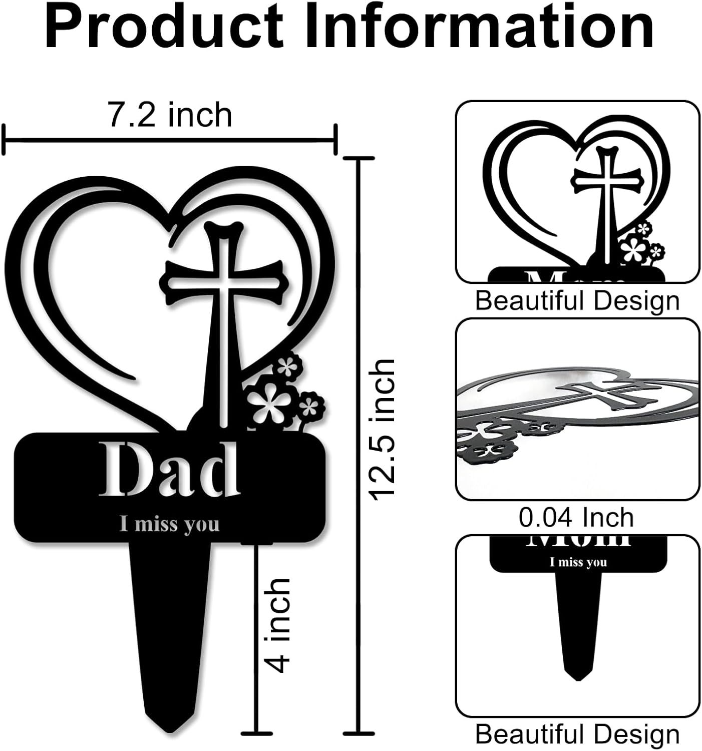 Dad Memorial Grave Stake, Cemetery Decorations for Grave Markers 12.5 x 7.2 inch Heart Metal Sympathy Stakes Graveside Plaque Decor Sign for Father Graves, Yard, Garden - Black-Dad
