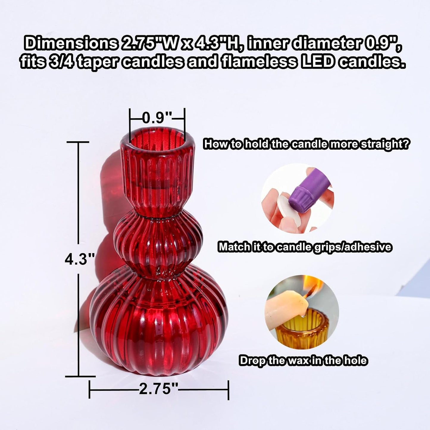 Woho Red Candlestick Holders Set of 3 for Christmas Decorations, 4.3" H Vintage Ribbed Taper Candle Holders for Dining Table, Glass Candle Sticks Holder Decor for Valentines Day/Patriotic Holidays