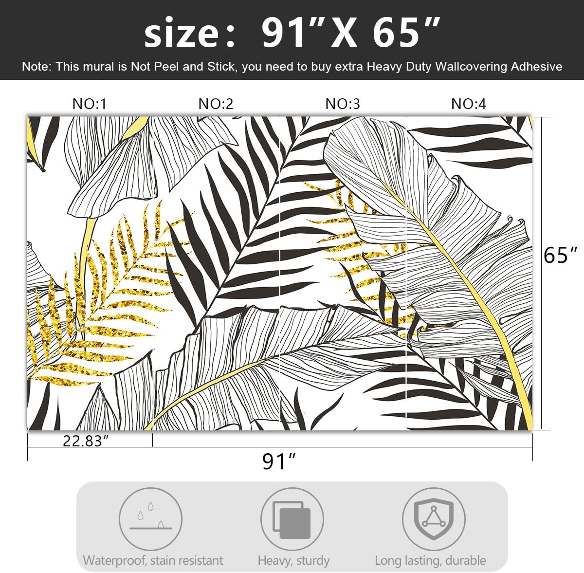 -Black and Gold Tropical Botanical Banana Leaf Fabric Wallpaper Living Room Bedroom Bathroom Abstract Plant Wall Mural- 91"x65"（ not Peel and Stick）