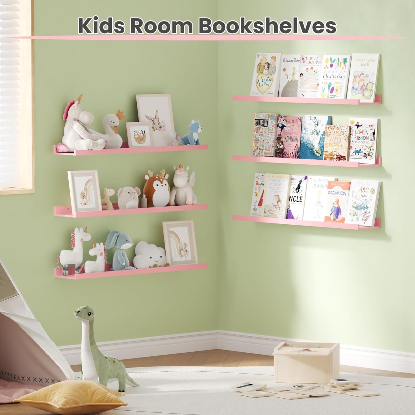 upsimples Pink Shelves for Wall, Cute Room Decor for Teen Girls, Bedroom, Living Room, Game Room, 6 Pack 35.5 inch Long Wall Mounted Wood Shelves for Pictures, Toys