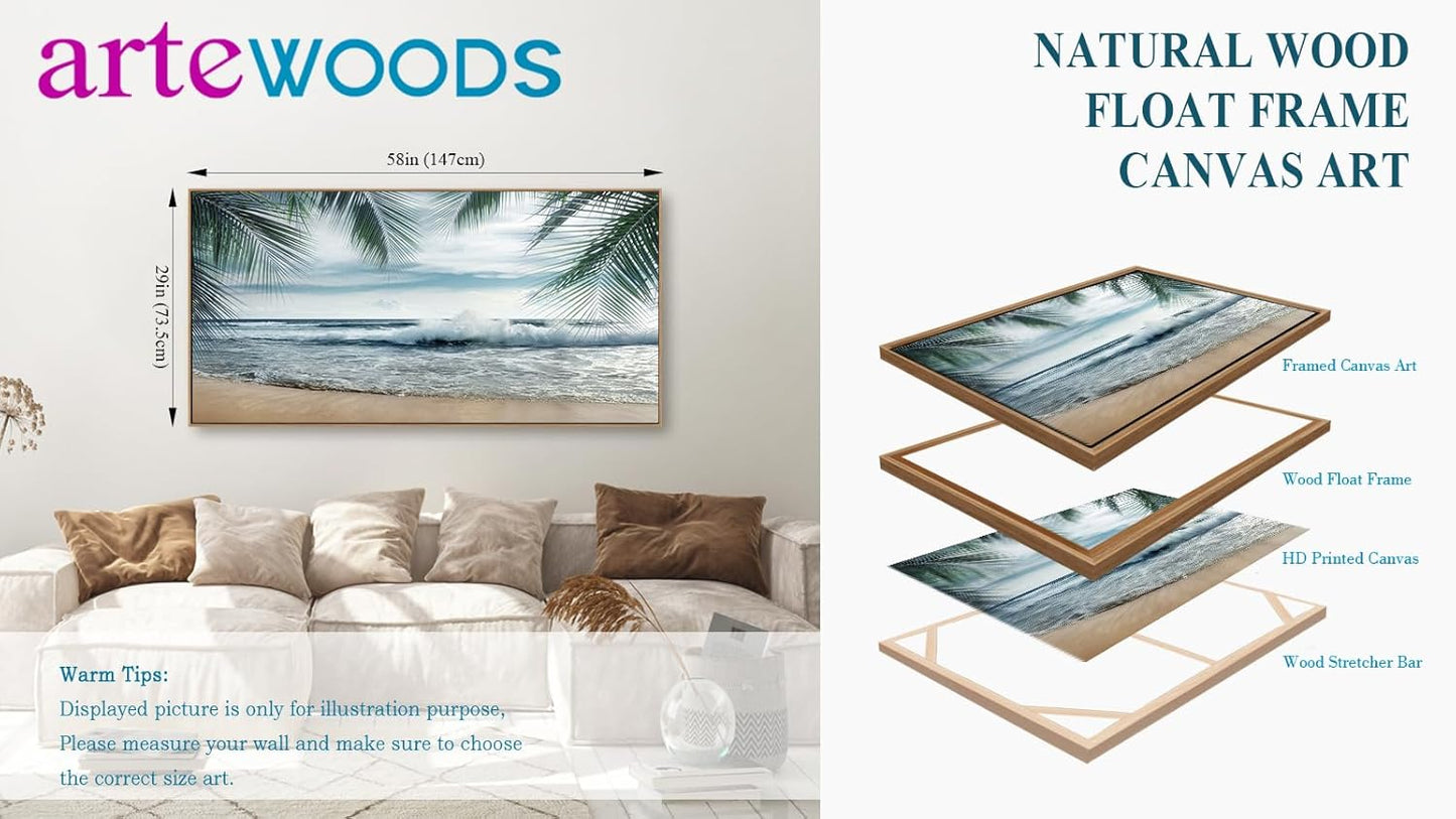 Framed Tropical Beach Wall Art - Ocean Waves Canvas Pictures Coastal Blue Sky and Sea Print Seaside Palm Tree Leaves Scene Painting Artwork Living Room Bedroom Office Home Decor 29" x 58"