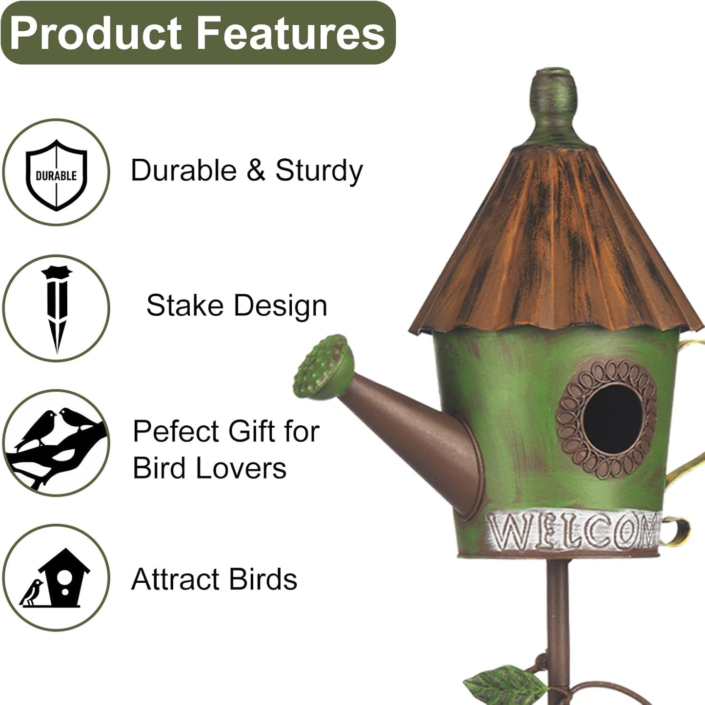 BAYN 57” Bird Houses Stake for Outside, Metal Watering Can Birdhouse Garden Stake Wild Bird Feeder Pole with Welcome Sign Outdoor Decorations for Patio, Backyard, Garden