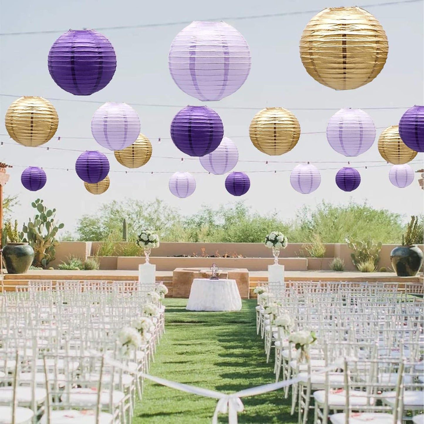 ADLKGG Paper Lanterns Decorative, Round Hanging Lanterns Party Supplies for Graduation Bachelorette Gender Neutral Baby Shower Birthday Party Decorations Purple/Lavender/Gold 21pcs