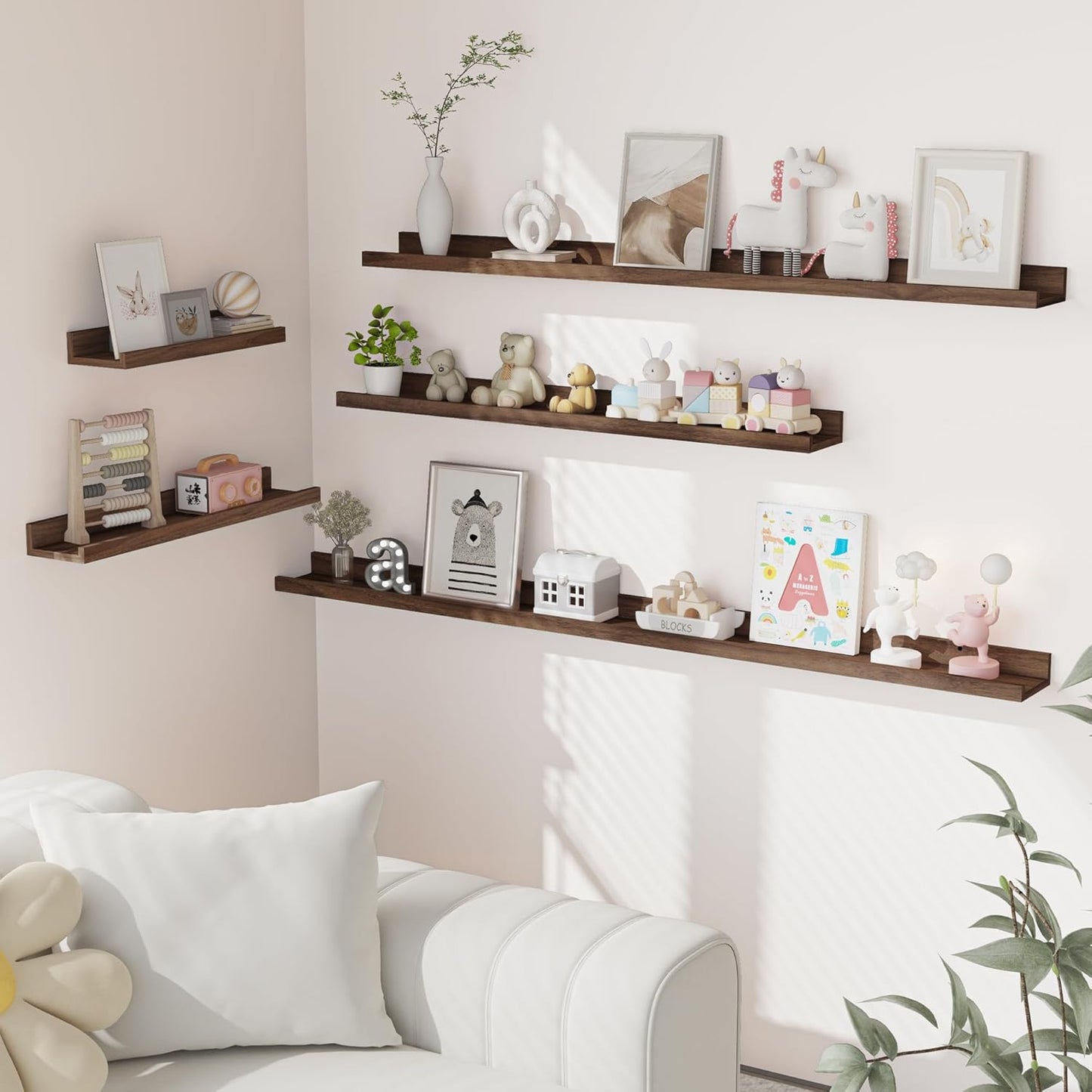 Heimlove Picture Ledge Shelf, Floating Shelves Set of 2, 56 Inches Picture Shelf for Wall with Ledge, Kids Bookshelf Wall Mounted for Living Room Bedroom Decor Books Photo Frames, Walnut