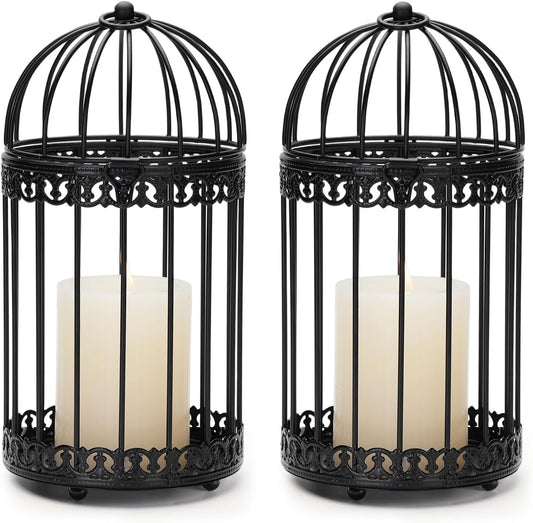 NUPTIO Vintage Bird Cage Lantern: Black Hanging Bird Cage Decor Candle Lanterns for Centerpiece - Large Birdcage Pillar Candles Holder for Halloween Christmas Bridal Shower 10 Inch H