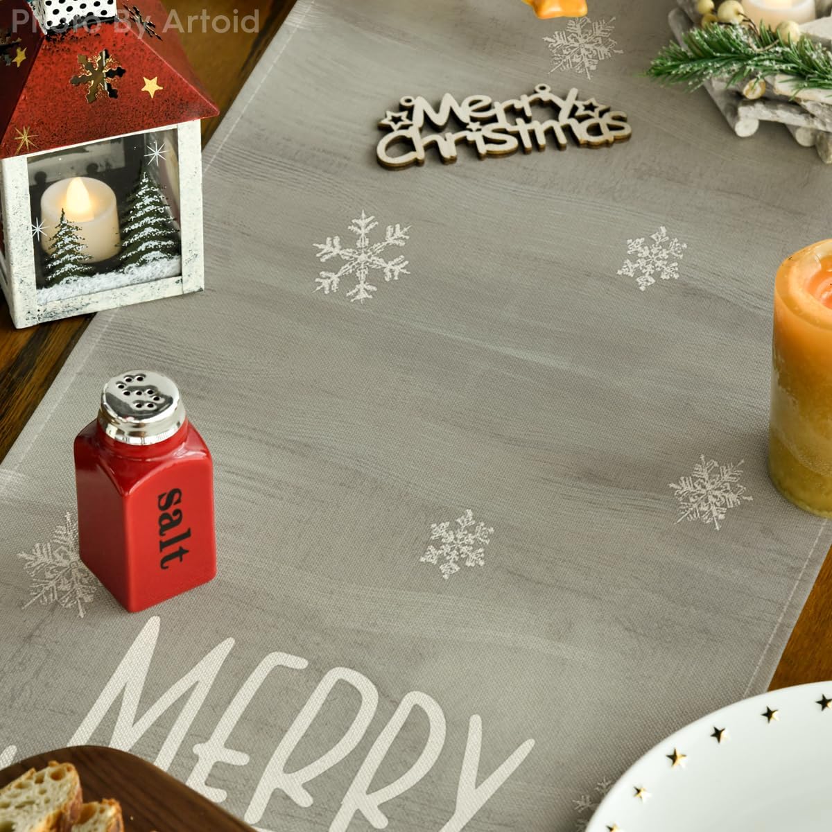 Artoid Mode Xmas Trees Snowflakes Gray Merry Christmas Table Runner, Winter Seasonal Kitchen Dining Table Decoration for Home Party Decor 13x72 Inch