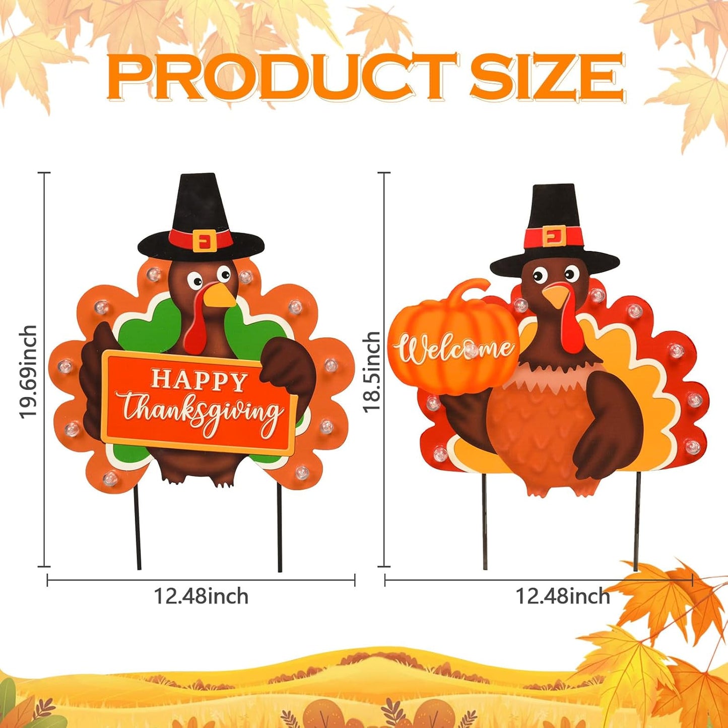 2 PCS Fall Decorations Outdoor Metal Happy Thanksgiving Decorative Garden Stakes with Led Light Welcome Pumpkin Turkey Yard Signs Fall Harvest Lawn Garden Lawn Pathway Decor