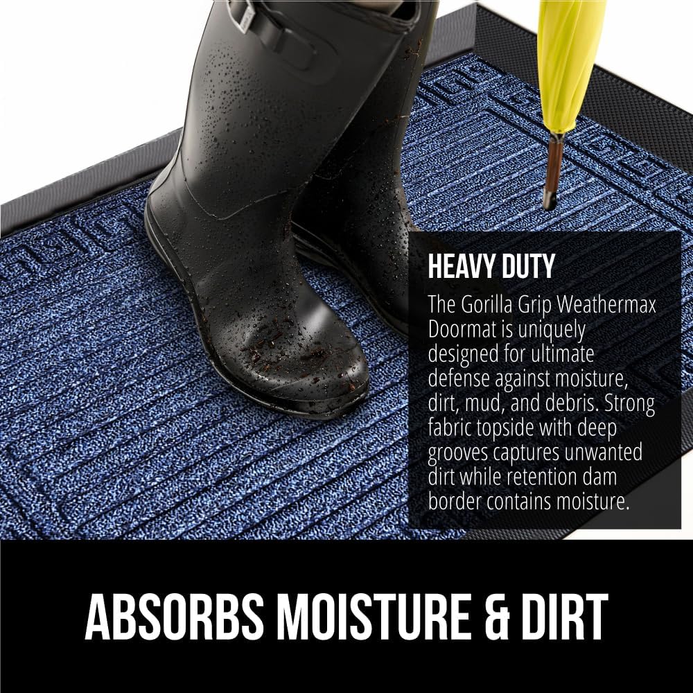 GORILLA GRIP 100% Waterproof All-Season WeatherMax Doormat, 72x24, US Designed Natural Rubber, Stain and Fade Resistant, Low Profile Indoor Outdoor Door Mats, Easy Clean Patio Mat, Navy Greek Keys