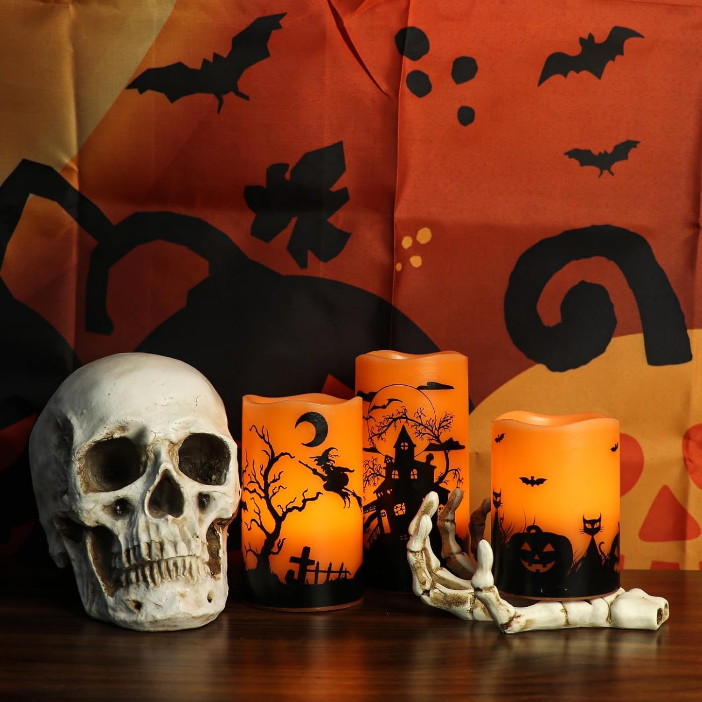 GenSwin Halloween Candles with Timer, Flickering Flameless Candles Battery Operated, 3 Pack Real Wax Pillar Candles for Halloween Home Decorations(D3” x H4”5”6”)