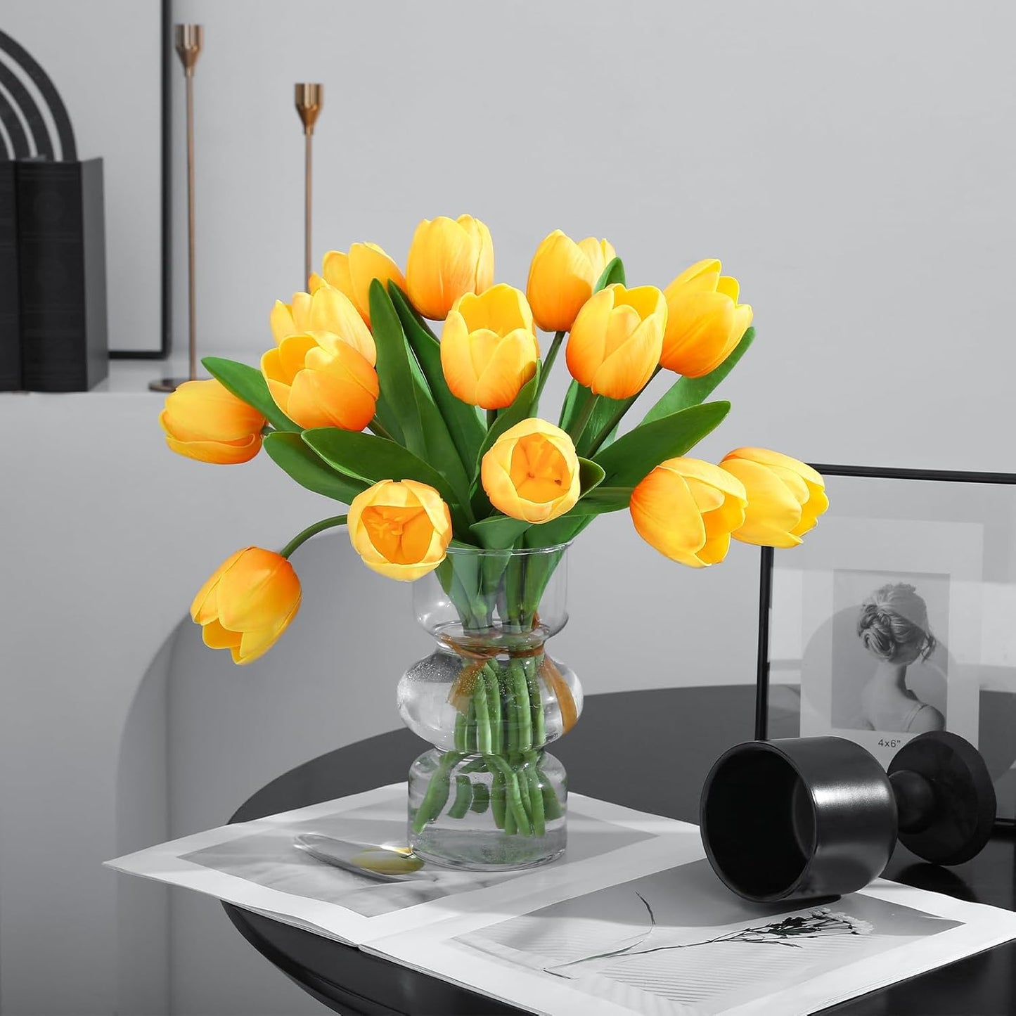 Orange Artificial Tulips, 2 Bundles 14Pcs, Fake Tulips Artificial Flowers, 2 x 2.4 Inch Large Flower Head Big Tulip, Easter Valentine's Day Mother's Day Home Decoration Flowers