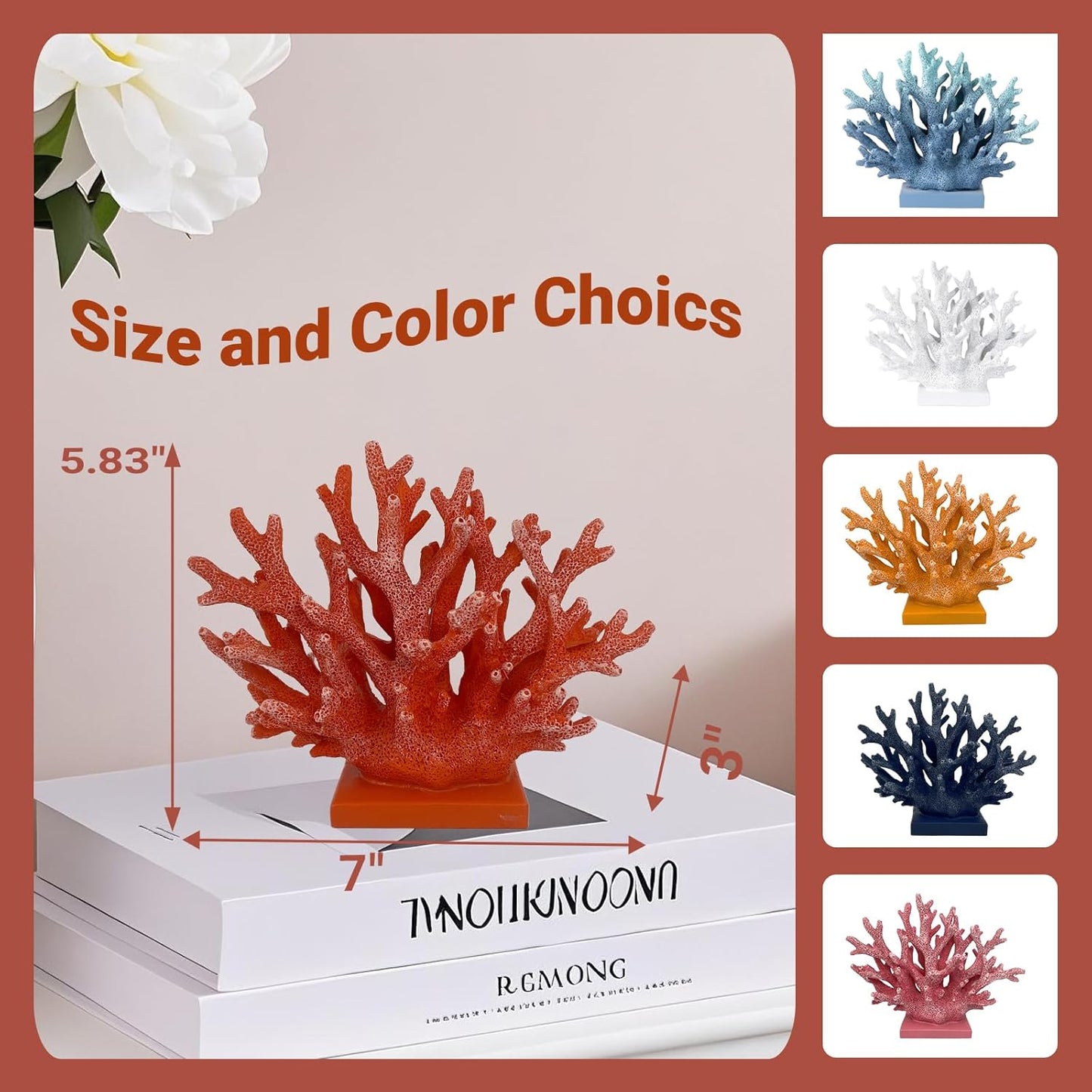 5.8" H Red Orange Coral Decor - Resin Coral Statue, Nautical Decor for Home, Bedroom, Bathroom, Living Room, Ocean Themed Cabinet Shelf Tabletop Decoration