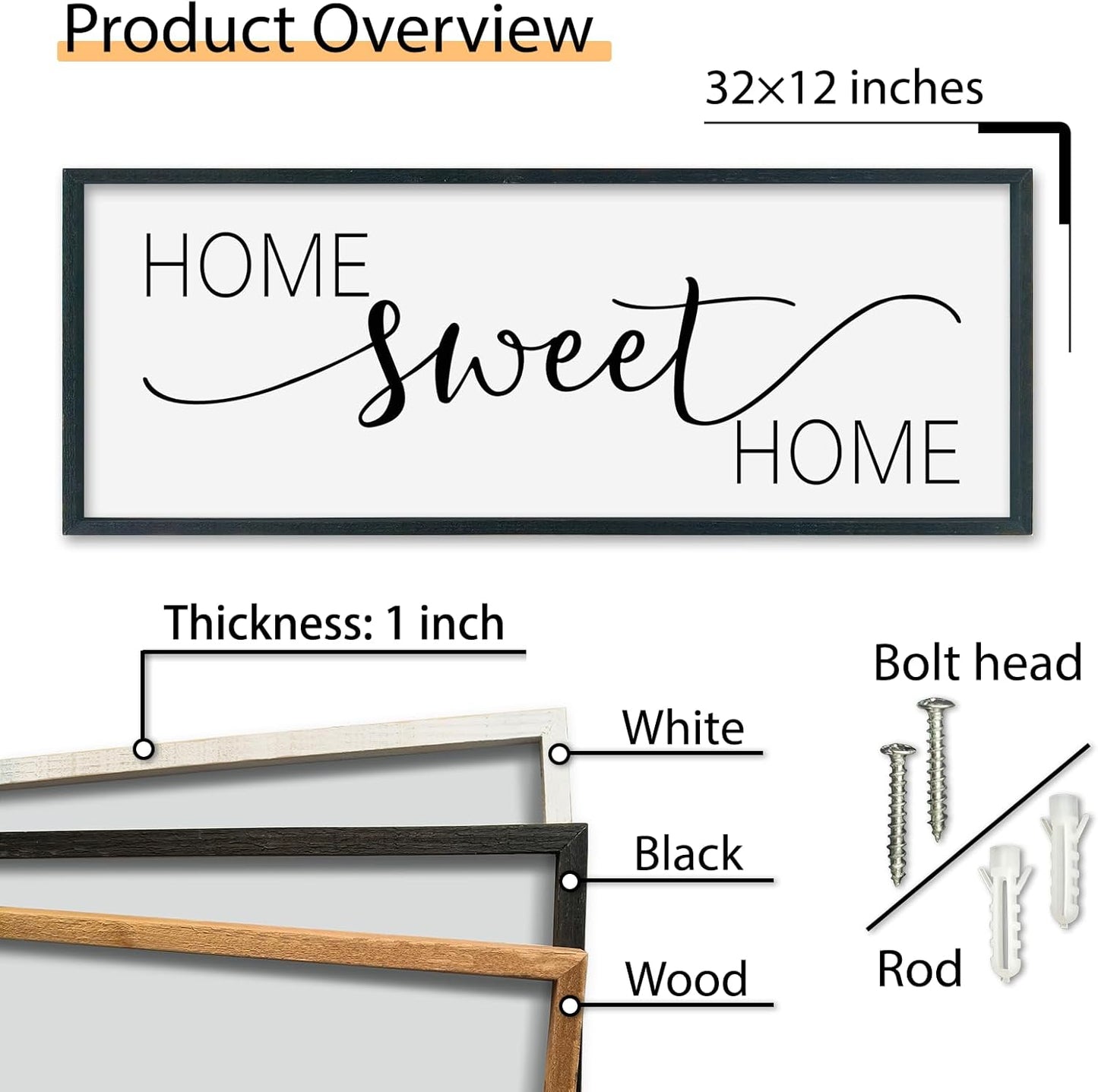 SRSZHIYUE Home Sweet Home Sign 32"x12" for Farmhouse Rustic Large Family Living Room Over Couch Modern Horizontal Wall Decor, Wood Framed Plaques Art Decorative (Black)