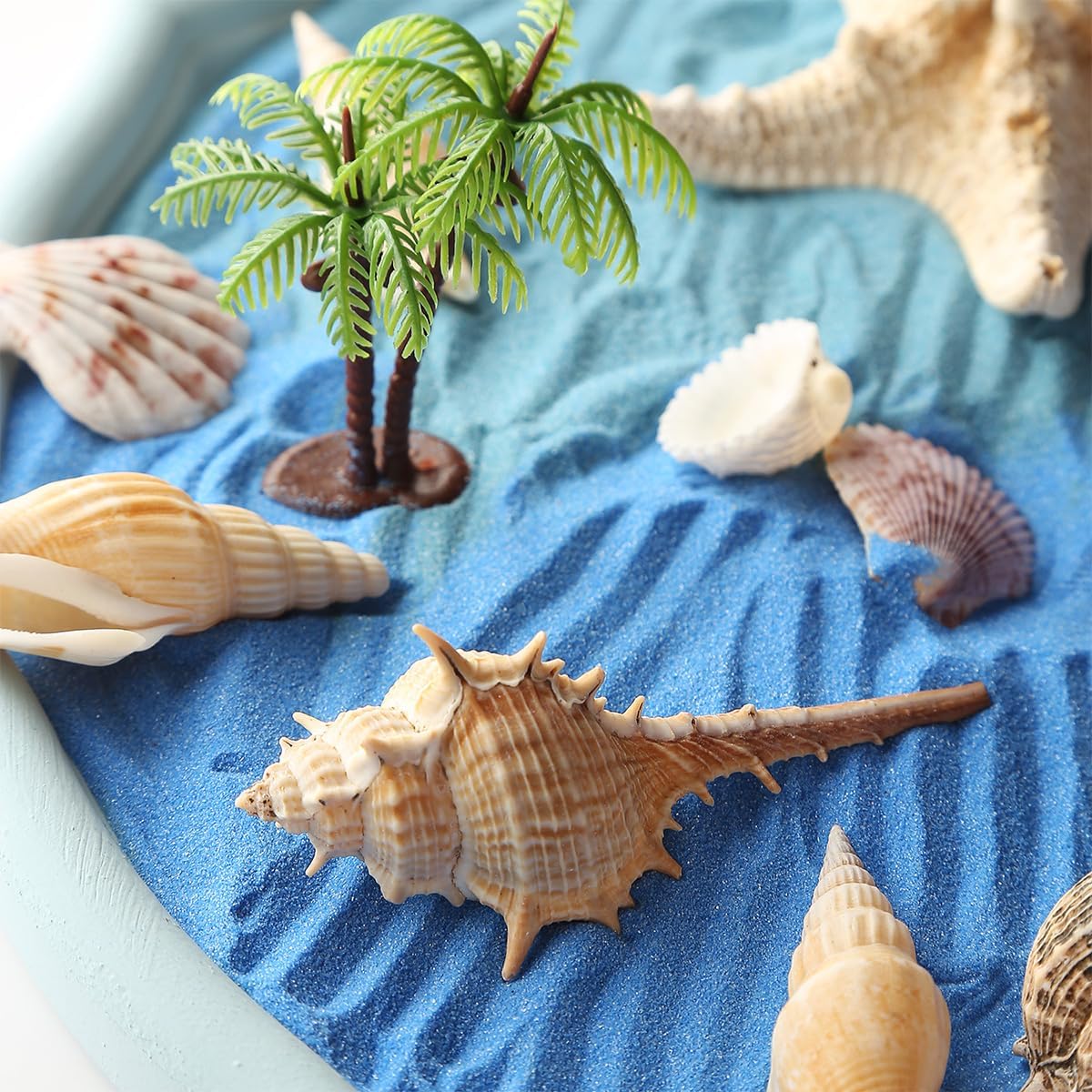 Desktop Zen Garden Kit - Ocean Themed Decor Sand, Natural Shells Starfish Conch, Mermaid Resin Summer Beach Desktop Decorations, Office Desktop Decoration Gift (Blue)