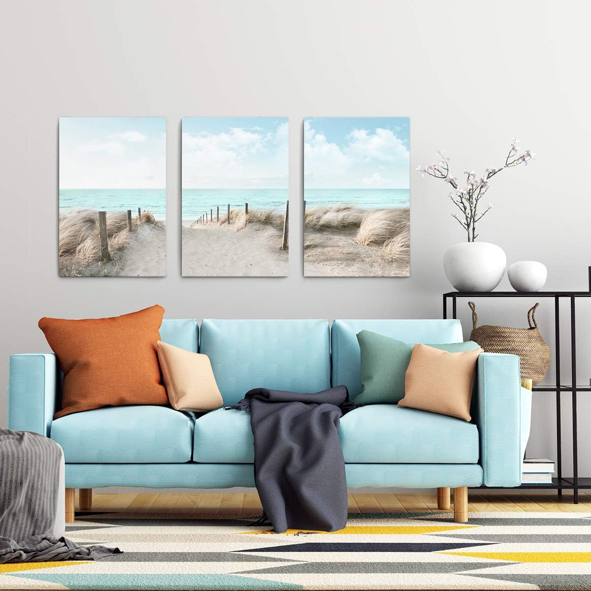 3 Piece Large Canvas Bedroom Wall Art Beach Blue Sea Blue Sky Print Picture Framed Wall Decor for Living Room Bathroom Modern Home Decor Artwork Ready to Hang Coastal Wall Decorations Size 16x24x3