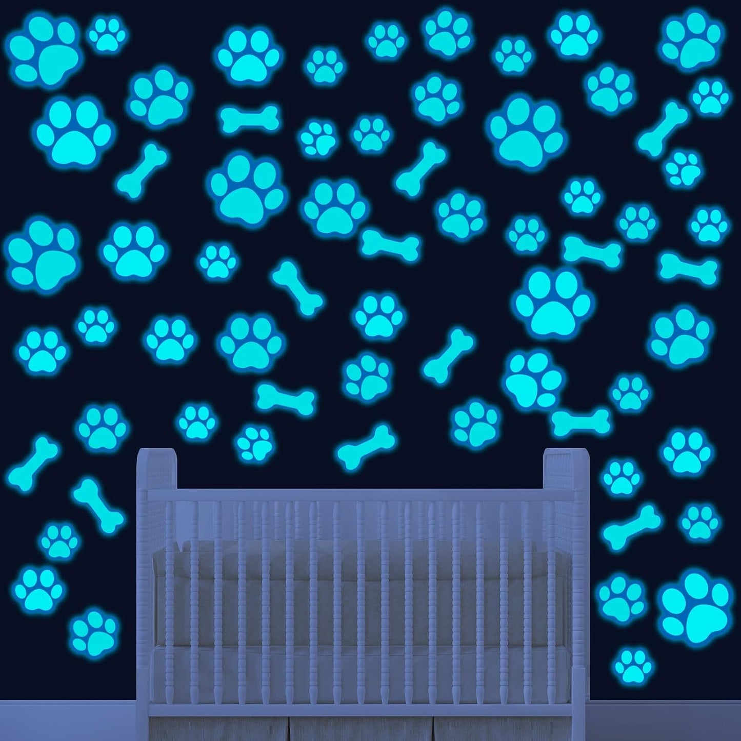 127 Glow in The Dark Dog Paw Stickers Luminous Removable Vinyl Wall Decals for Kids Nursery Bedroom(Blue Light)