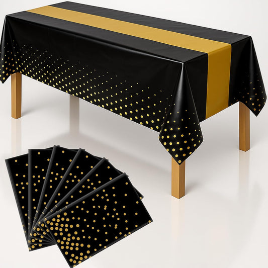 6Pcs Graduation Tablecloth,Graduation Decorations 2025,Black and Gold Retirement Party Decorations for Rectangle Tables,54"x108" Disposable Plastic Table Cloth for Congrats Grad Party Birthday Wedding