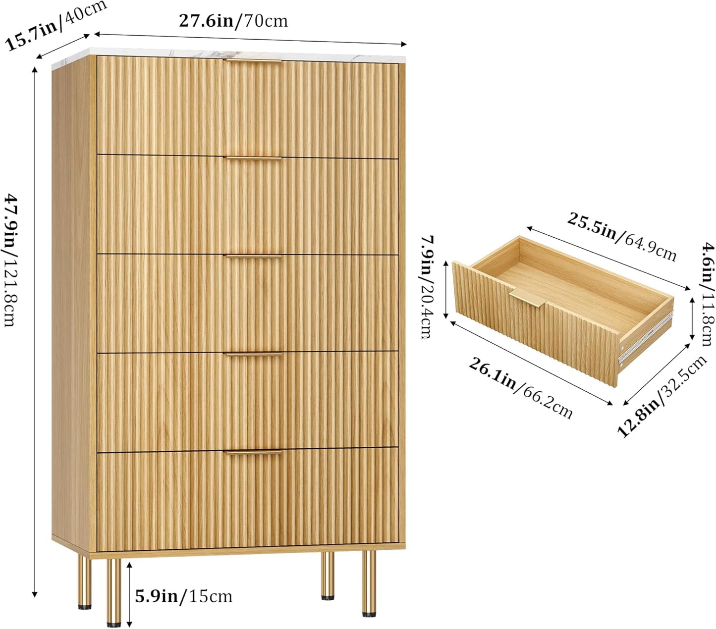 Fluted Wood Dresser 5 Drawers Dresser for Bedroom, Modern Chest of Drawers, Tall Brown Dresser with Faux Marble Top and Gold Handle, Wood Drawer Organizer for Bedroom, Living Room, Hallway, Entryway