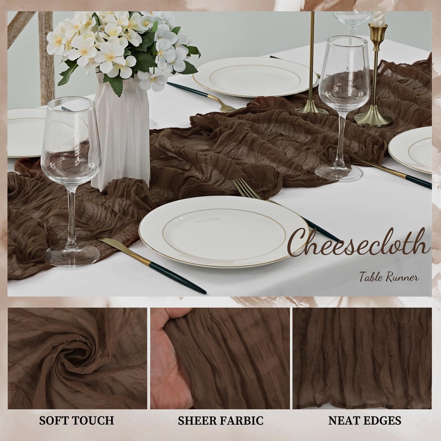 6FT 20 Pack Brown Cheesecloth Table Runner 20 x 120 Inch Long Boho Fabric Rustic Cheese Cloth Table Runner for Wedding Bridal Shower Baby Shower Gauze Sheer Birthday Party Table Decorations