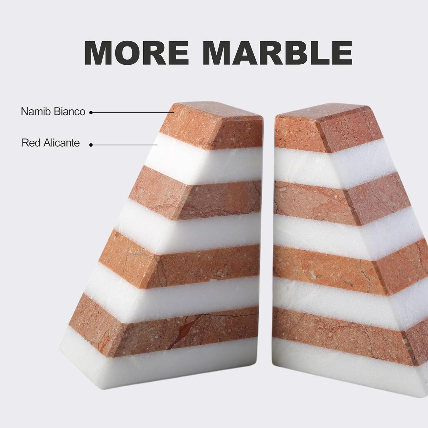 Marble Book Ends, Non-Skid Bookends for Shelves, Composite Bookend with Natural Stone, Heavy Duty Book Stopper, Collected CDs and Oversized Books Organizer, White & Red Decorative Bookends