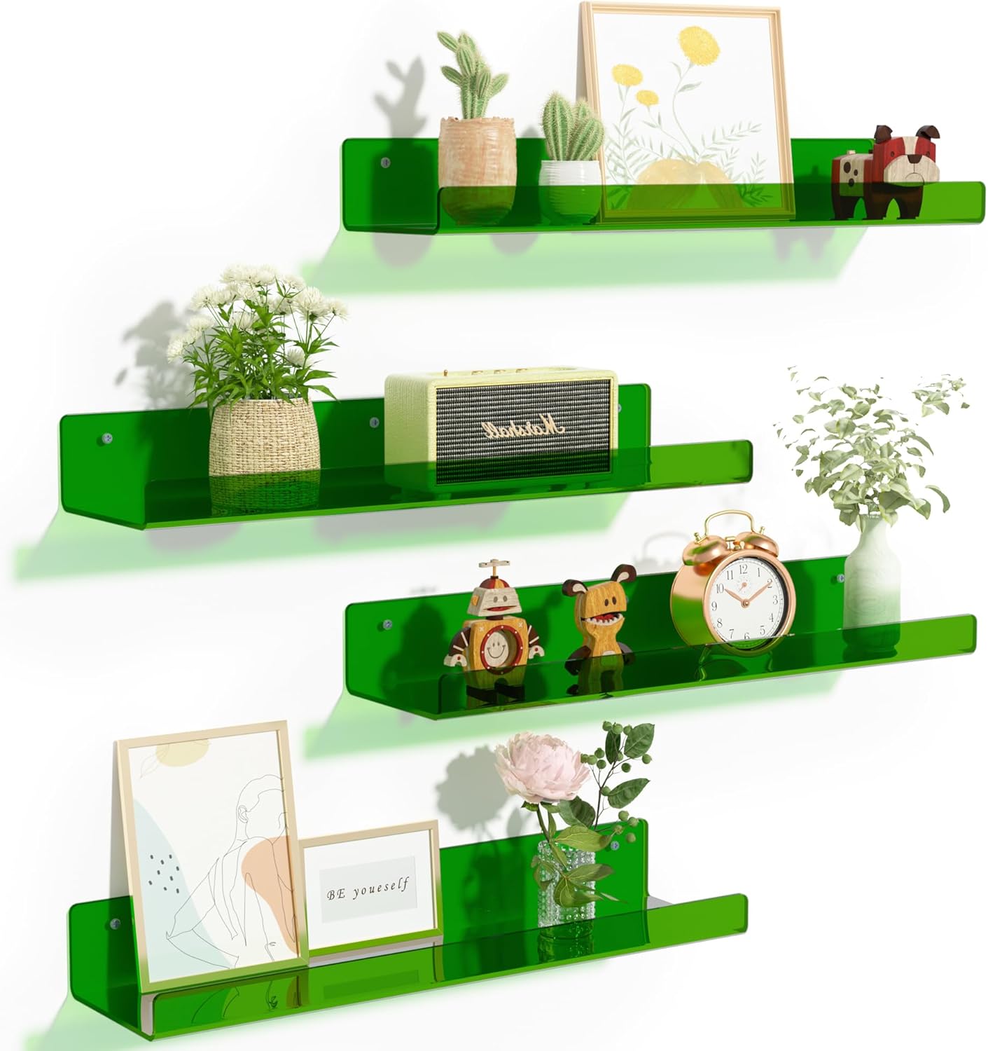 upsimples Acrylic Shelves for Wall Decor, 15" Display Shelf Perfume Organizer for Bathroom, Bedroom, Living Room, Floating Bookshelves for Kids, Clear Green, 4 Pack