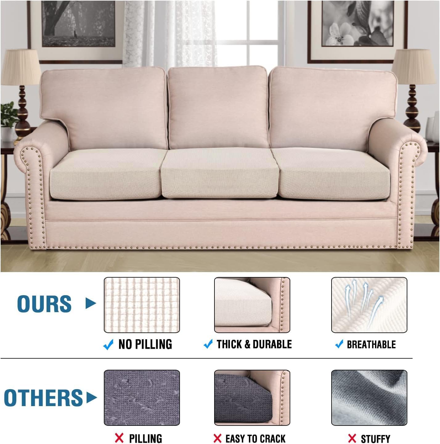 H.VERSAILTEX Super Stretch Individual Seat Cushion Covers - Sofa & Couch Cushion Slipcover Sets - Thick Jacquard Textured Twill Fabric (3 Piece XL, Ivory)