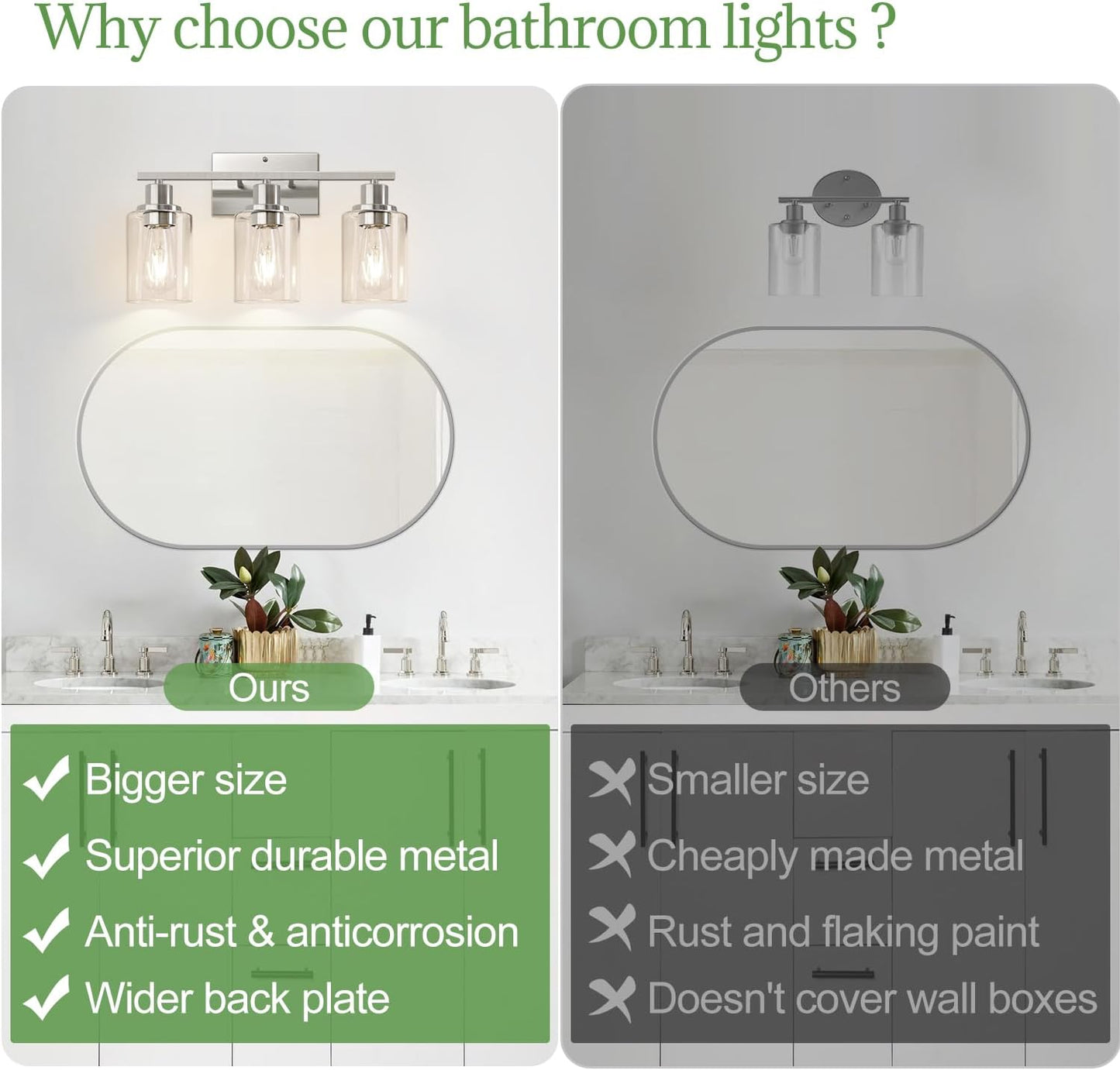 3-Light Bathroom Light Fixtures, Brushed Nickel Vanity Lights with Clear Glass Shades, Modern Bathroom Wall Lamp for Mirror Living Room Cabinet Bedroom Porch