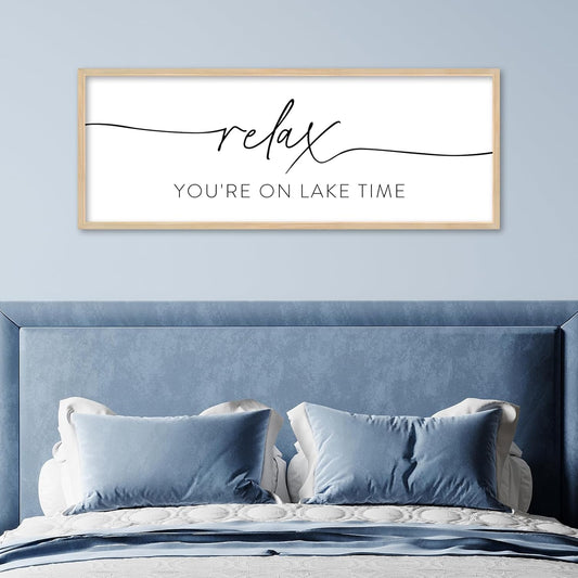 SRSZHIYUE Relax You're On Lake Time Wall Decor Above Bed Sign 32"×12" for Lake House Bedroom Over Bed Large Wood Framed Hanging Art (Wood)