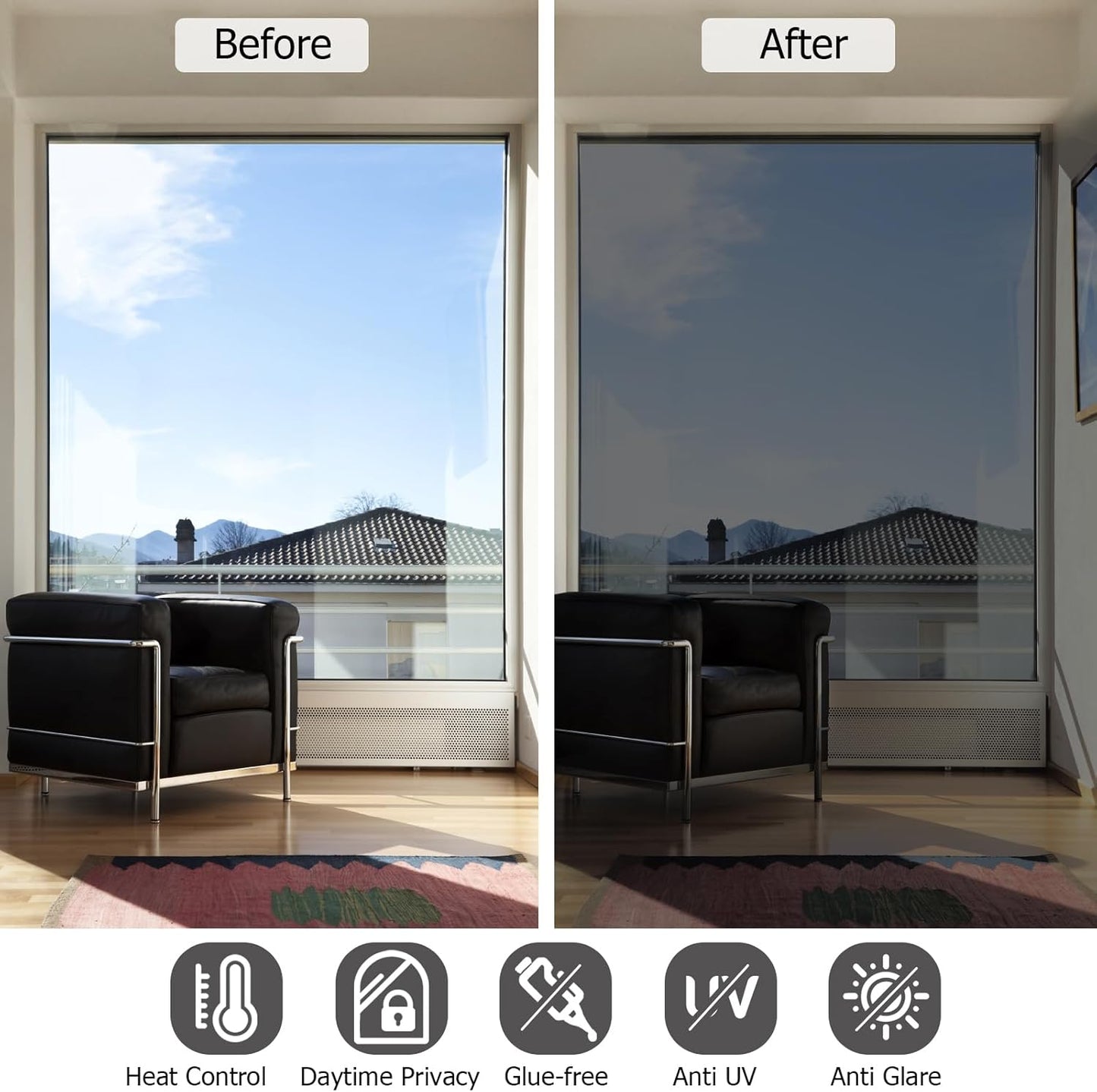 HIDBEA One Way Window Film, Daytime Privacy Sun Blocking Reflective Window Film No Glue Static Cling Heat Control Window Tinting Film for Home and Office, Black Silver, 55.1 x 393.7 Inch