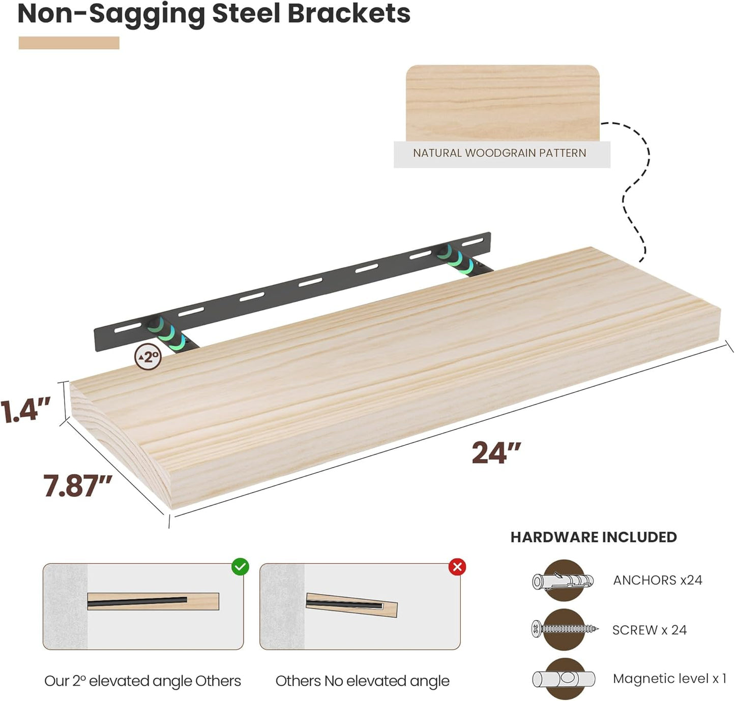Natural Wood Floating Shelves 24”x 8”x 1.4” Book Shelf Floating for Wall Mounted, Heavy Duty Shelf Hold 60 lbs, Unfinished Wall Shelves for Bathroom, Living Room, Kitchen, Bedroom, Office