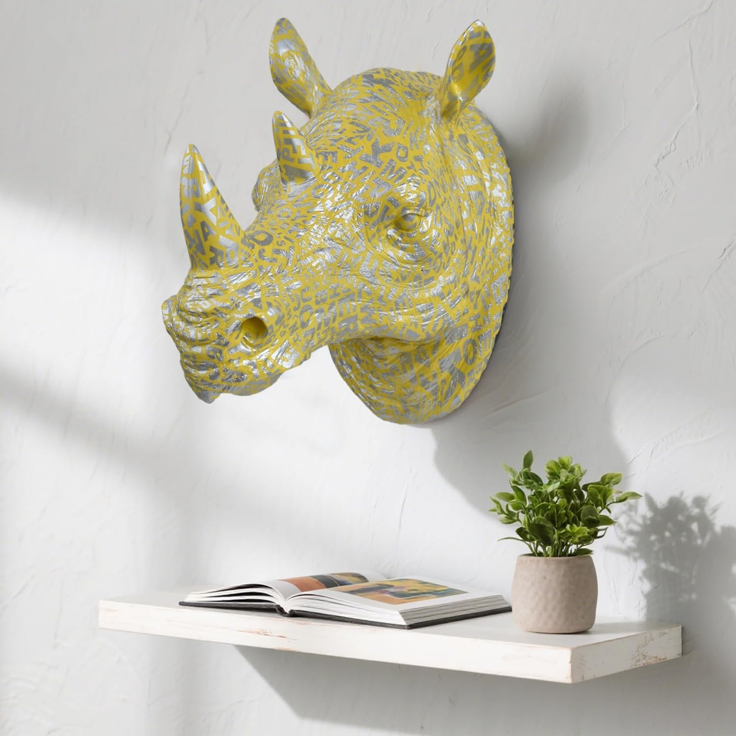 Rhino Head Wall Mount Resin Safari Animal Sculpture, Modern Faux Decor for Living Room Bedroom Office Realistic Wildlife Art Bust Yellow
