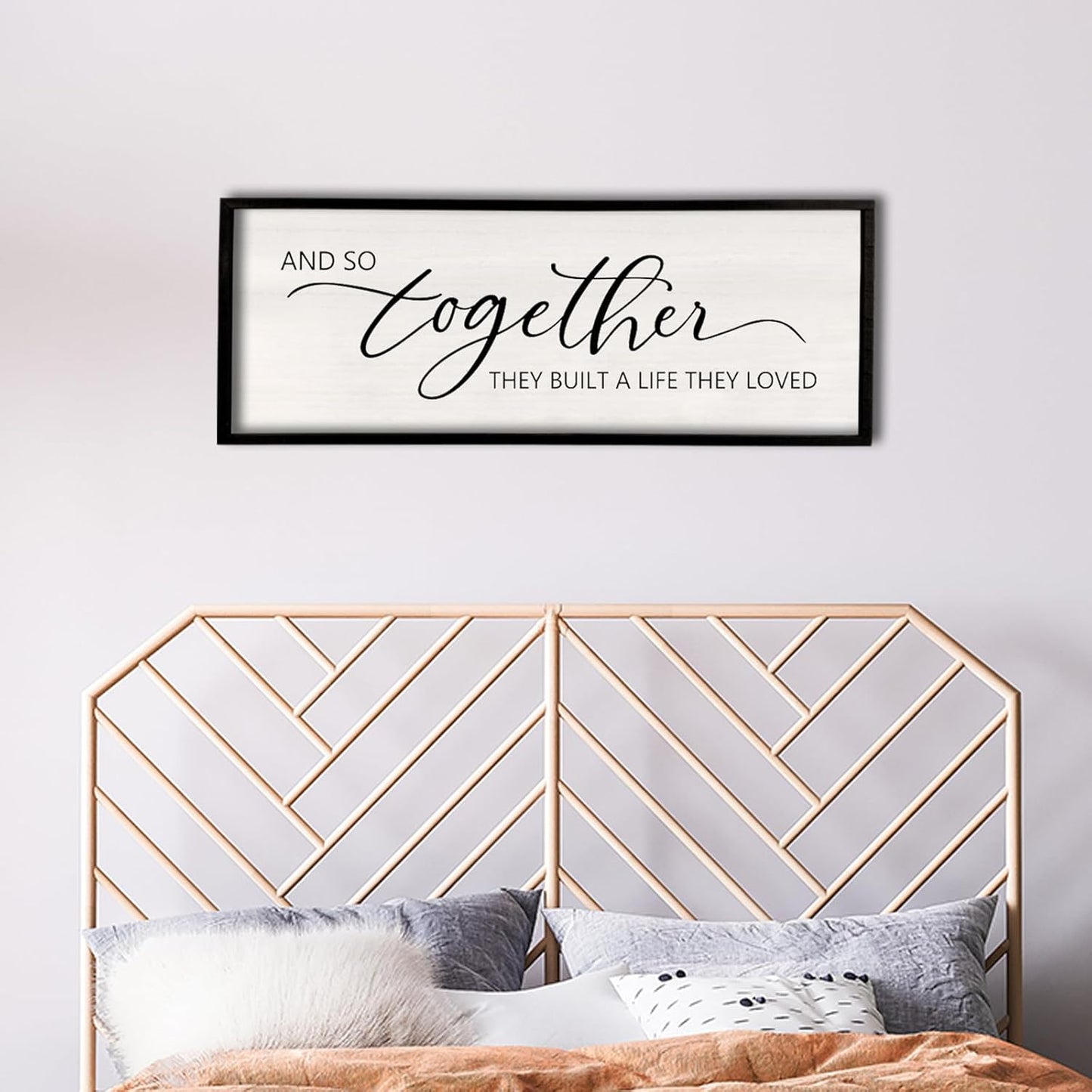 And So Together They Built A Life They Loved Framed Wood Farmhouse Sign - 32'X12' Master Bedroom Above Bed Wall Art for Love Sign Decor (Black)