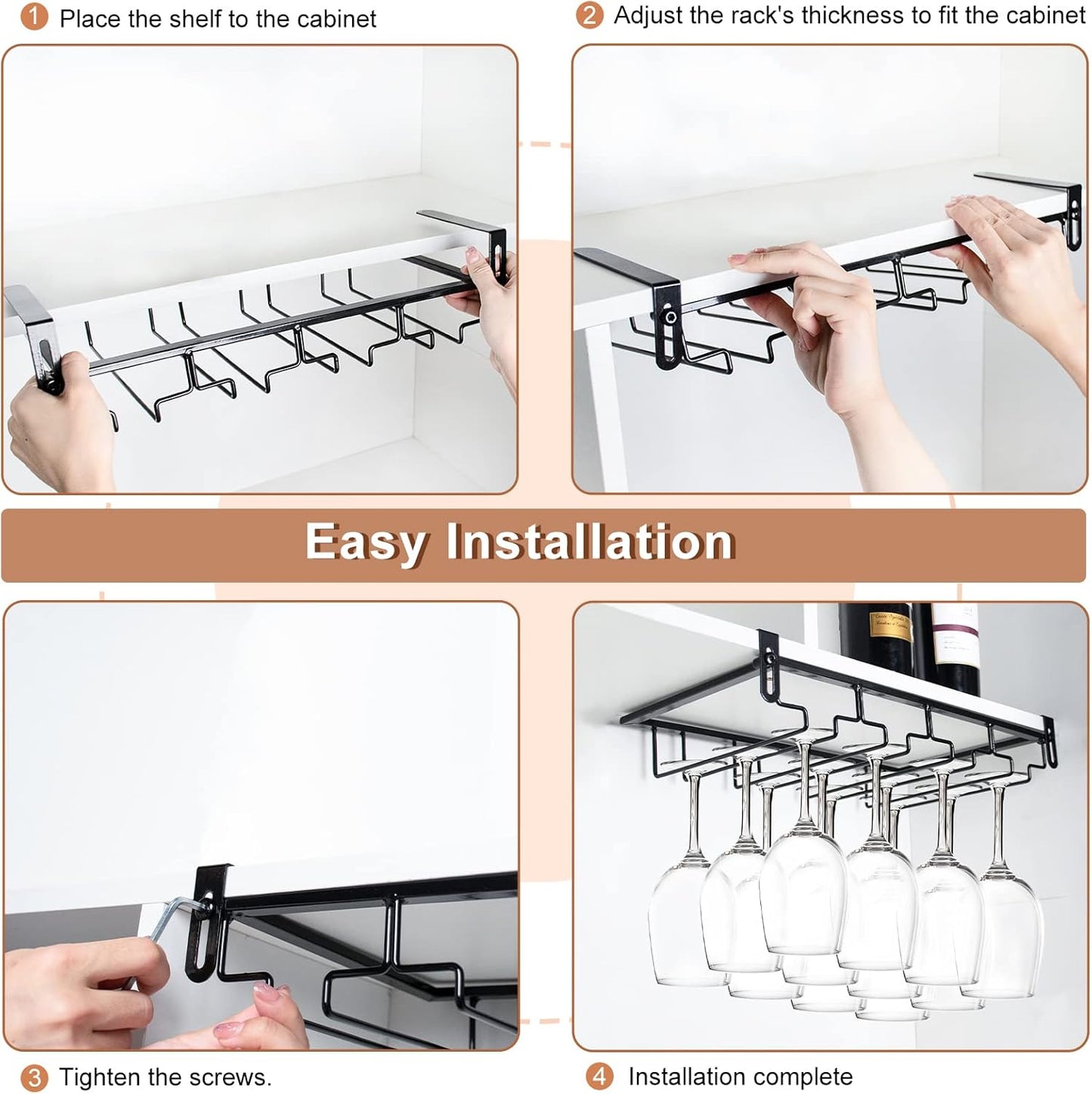 AUHOKY 2Pcs Adjustable Under Cabinet Stemware Metal Glass Holder, Hanging Wine Glass Storage Hanger Organizer for Shelf Kitchen Bar Decor(4 Rows, Black)