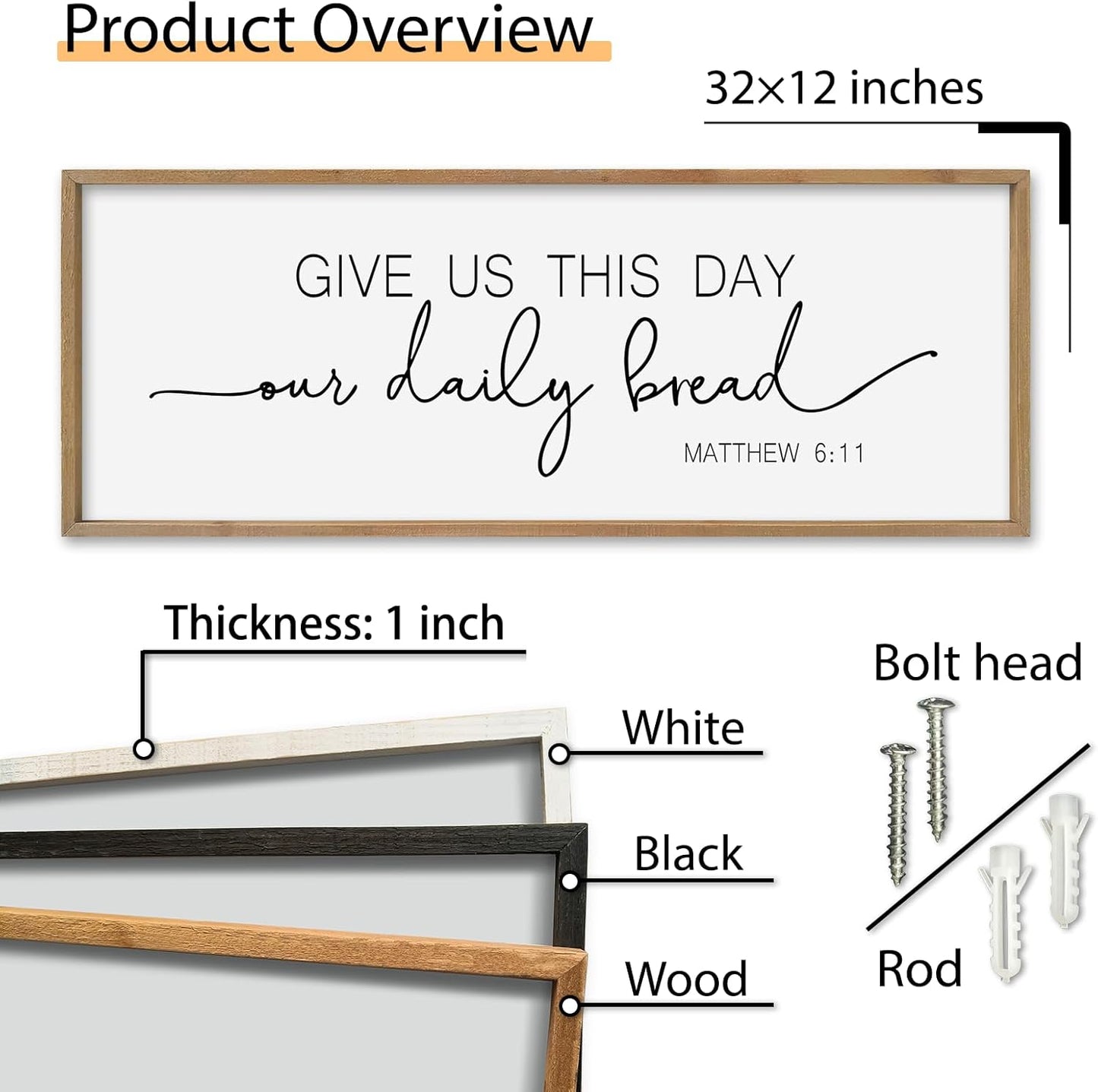 SRSZHIYUE Give Us This Day Our Daily Bread Sign Wall Decor Art 32"×12" Matthew 6:11 Dining Room Kitchen Large Wood Framed Wall Hanging (Wood)