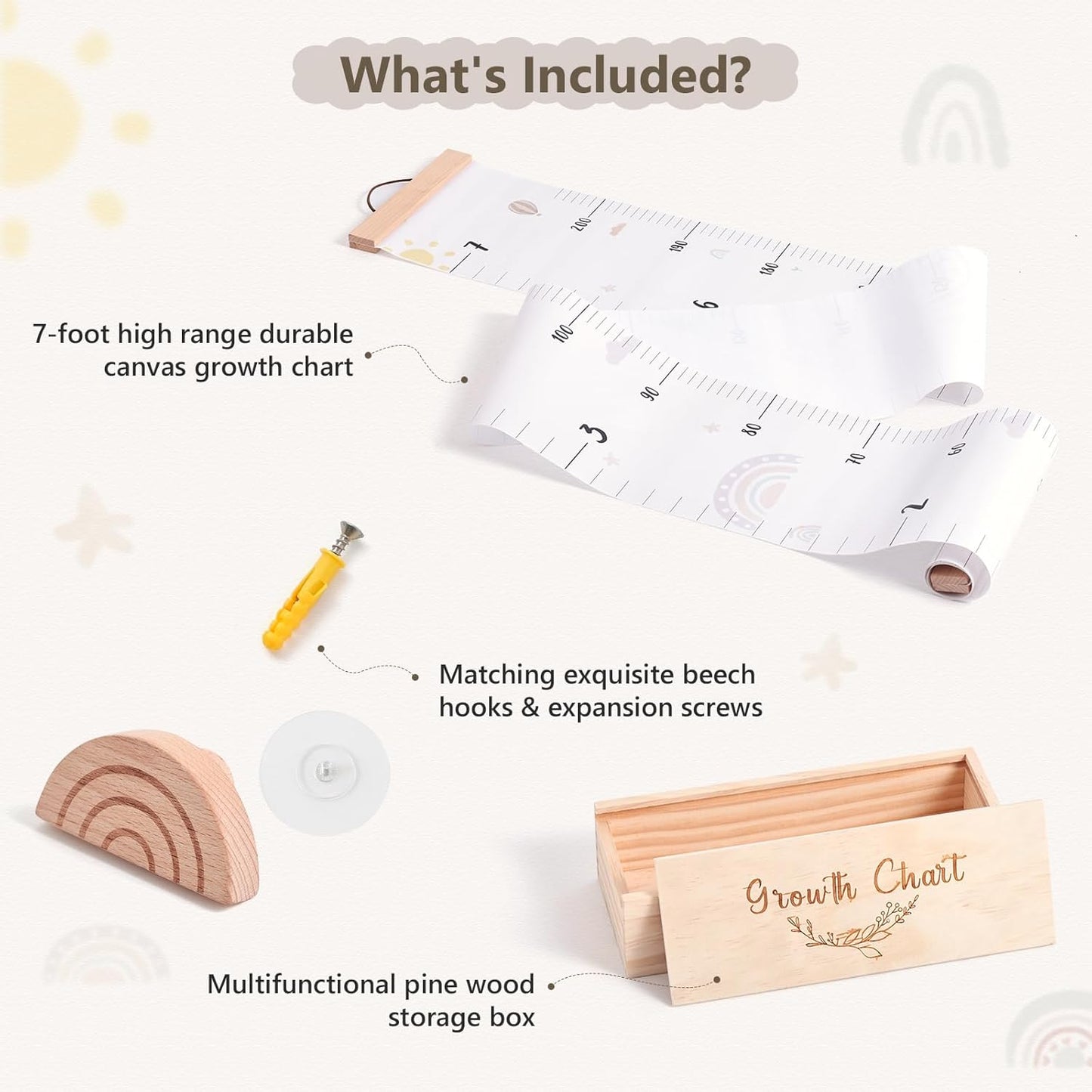 Growth Chart for Wall 7 Ft Height Chart with Keepsake Box & Hook Waterproof Canvas Measure Wall Ruler Removable Neutral Nursery Wall Decor for Baby Kids Toddlers