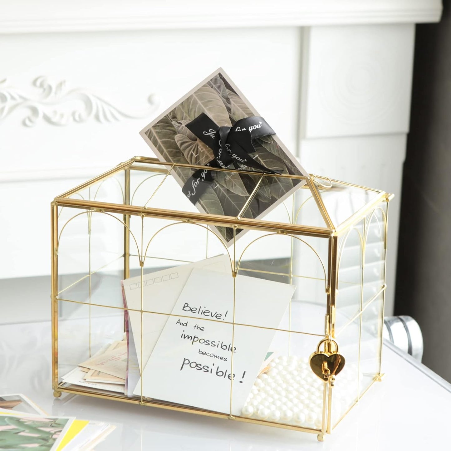 Glass Card Box with Slot, 10.2 inch Large Gold Clear Card Box for Wedding Receptions, Decorative Storage Box with Lock for Baby Shower, Birthday Party, Bridal Shower