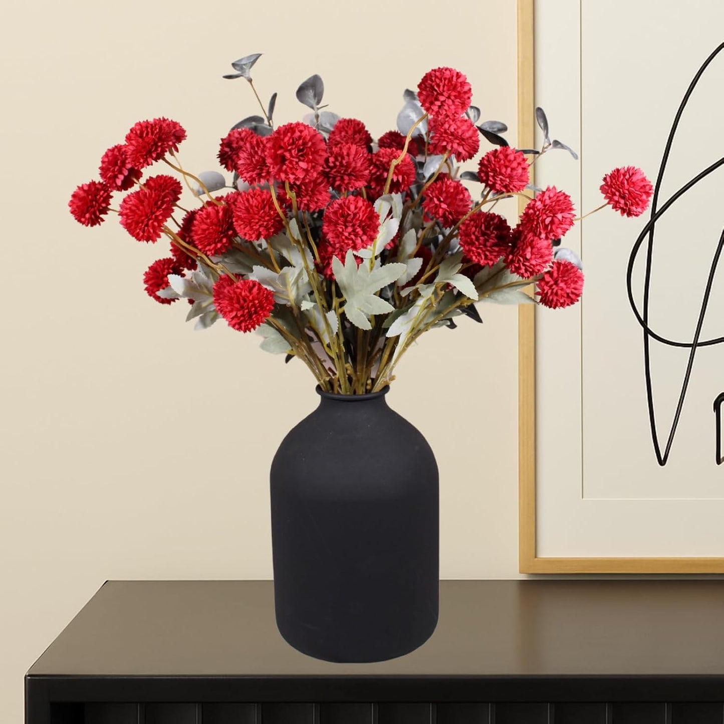 Burgundy Flowers, Maroon Artificial 10 Long Stems + Eucalyptus, Wine Colored Silk Flowers for Burgundy Decor, Fall Table Centerpieces, Dark Red Faux Mums, Thanksgiving Centerpieces For Tables