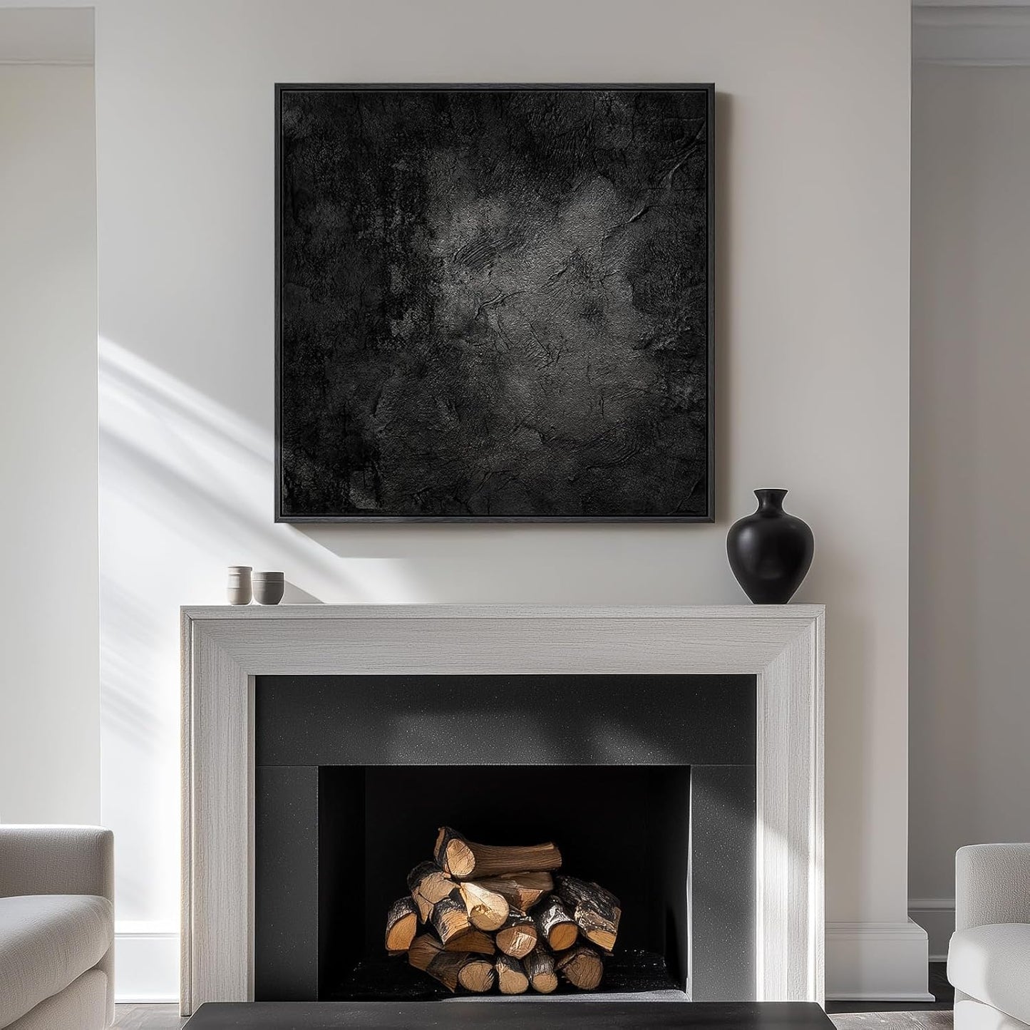 Framed Black Abstract Wall Art, Modern Canvas Prints Paintings Artwork for Walls, Square Minimalist All Black Pictures for Living Room, Hallway, Fireplace, Bedroom, Office, Bathroom Wall Decor