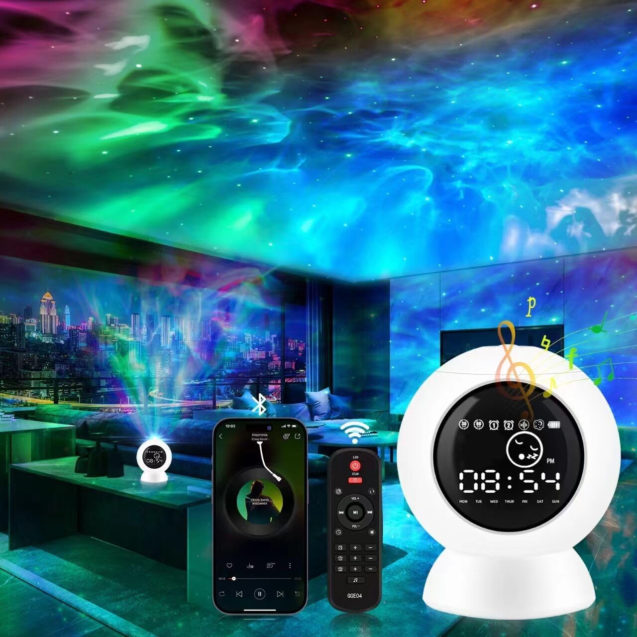 LitEnergy Alarm Clock Star Projector for Kids Bedroom, Bluetooth Speaker and White Noise Galaxy Lamp, Starry Night Light with Timer and Remote Control for Room Decor, Home Theater, Ceiling