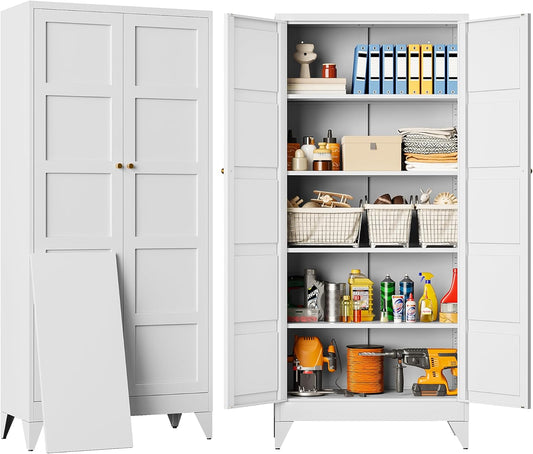 Wide & Deep Metal Storage Cabinet with 2 Doors and 5 Shelves,72 inch Tall Pantry Storage Cabinet,Large Cupboard Closet,White Cabinets for Home,Kitchen,Bathroom,Dining/Living Room