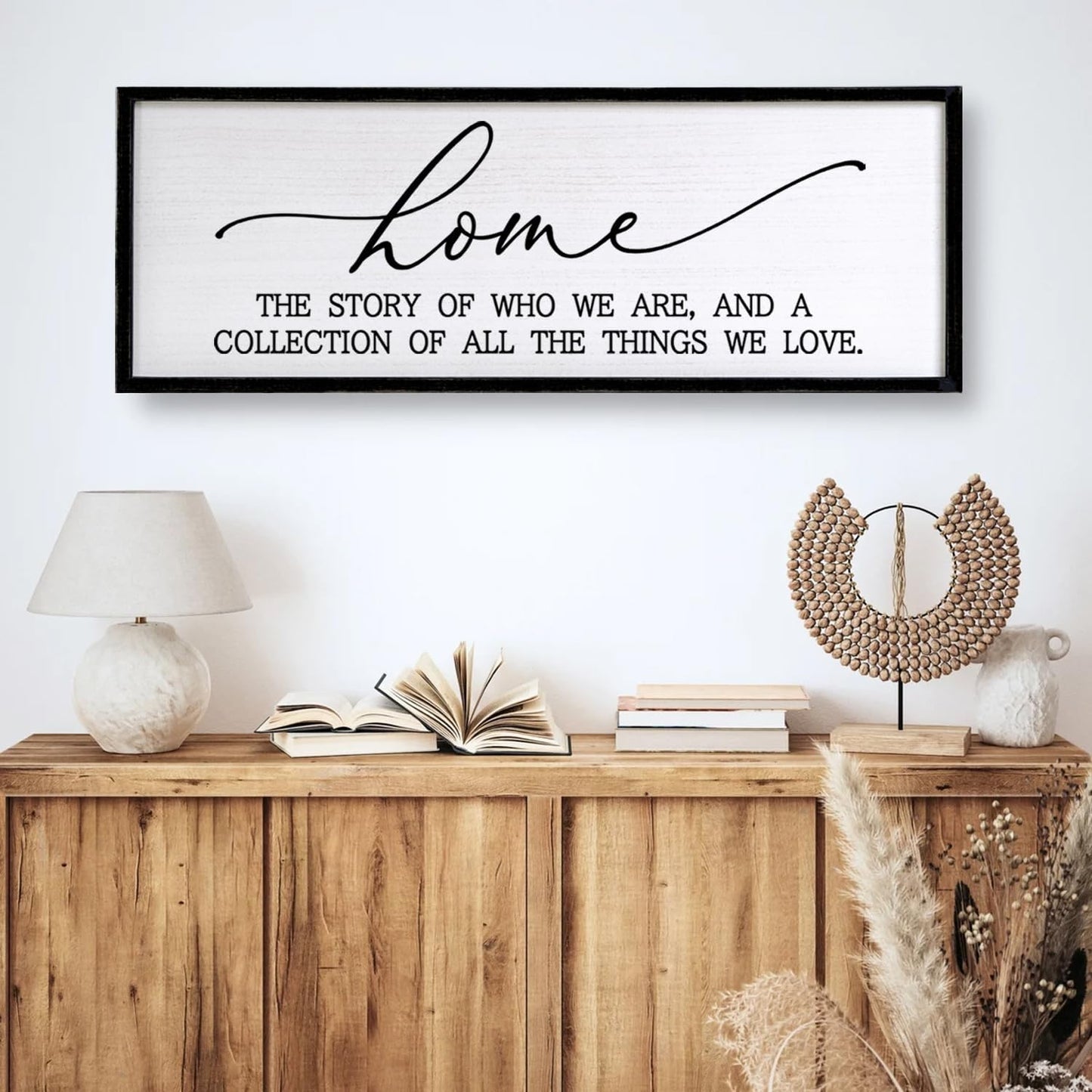 Home The Story of Who We Are Sign Farmhouse Family Wall Decor 32x12 Inch Plaque Wood Framed Art for Hanging (Black)