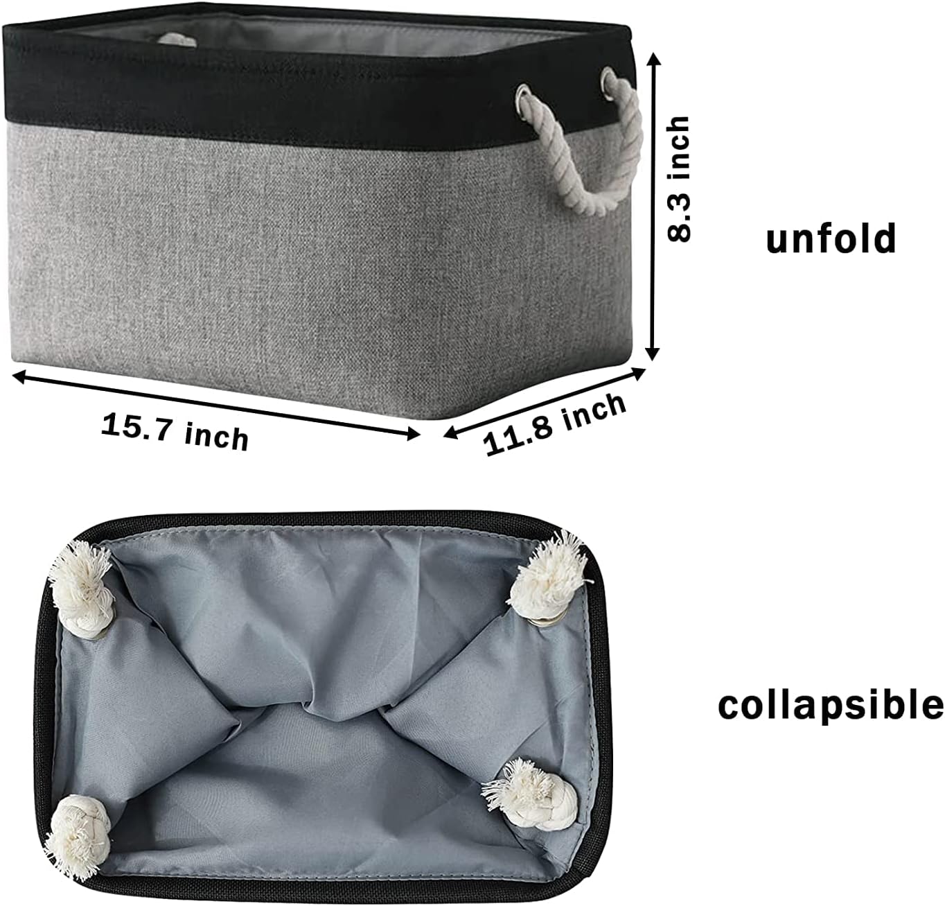 TcaFmac Storage Basket for Organizing - Large 4 Pack Canvas Decorative Storage Bins Baskets for Shelves with Ropes, Foldable Storage Cubes for Closet Cloth Toy Linen(Black & Grey 16x12x8 inch)