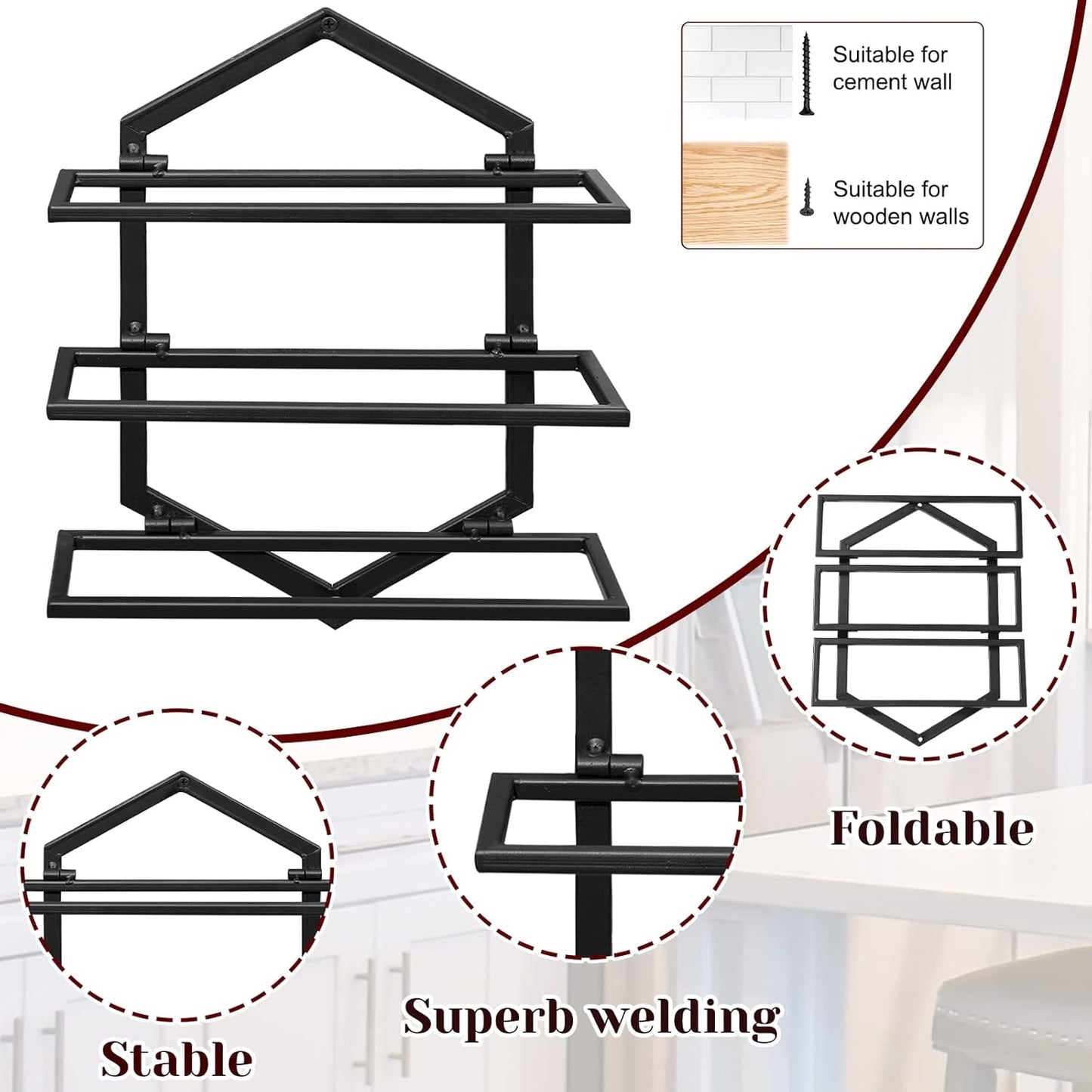 2Pcs Wall Mounted Wine Stemware Rack, Metal Hanging Wine Glass Display Holde Holds 3 Bottles, Elegant Storage for Kitchen Dining Room Bar Wine Cellar