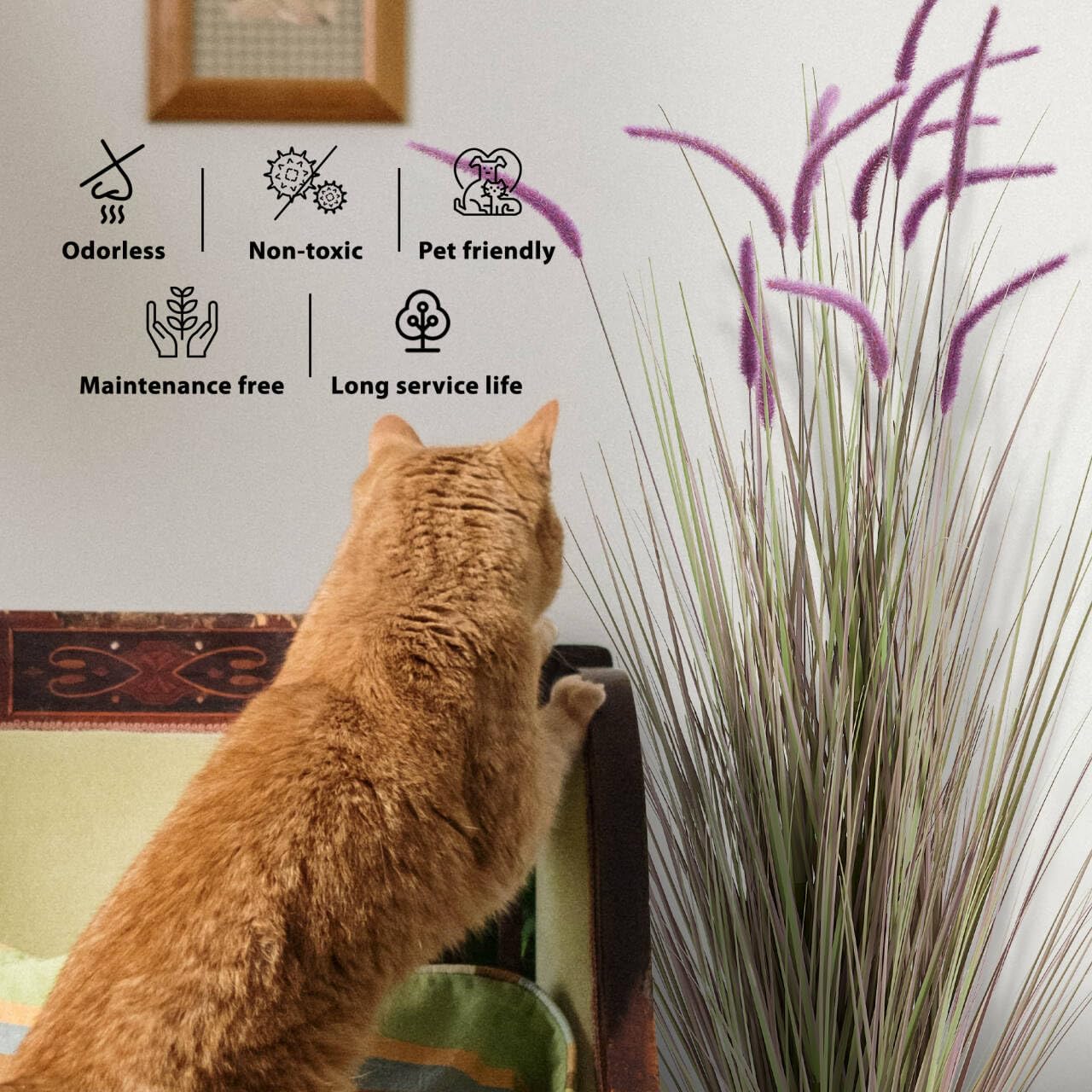 KOL Artificial 5ft 2-Pack Horsetail Reed Grass, 59in Tall Artificial Indoor Outdoor Fake Grass Plant, Home Office Décor Artificial Plants in Pot Faux Plant Greenery, Wedding Decor, Purple