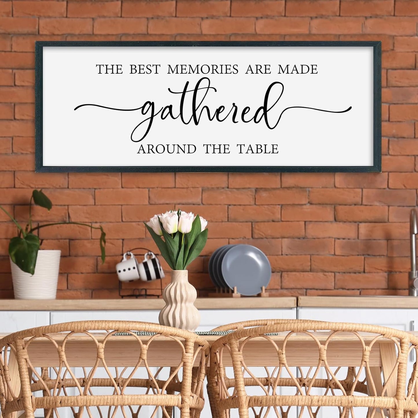 SRSZHIYUE The Best Memories Are Made Gathered Around The Table Sign Wall Decor Art 40"×15" for Kitchen Dining Room Large Wood Framed Wall Hanging (Black)