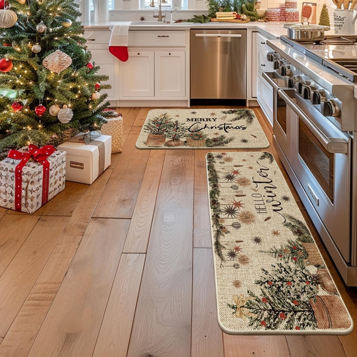 Artoid Mode Holly Ornament Merry Christmas Kitchen Mats Set of 2, Winter Home Decor Low-Profile Kitchen Rugs for Floor - 24x35 and 24x59 Inch