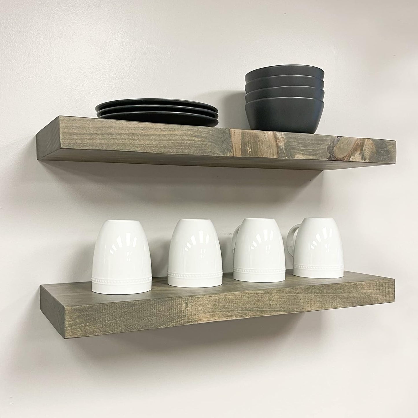 URBANDI, Rustic Floating Shelves, Set of 2, Hidden Bracket, Solid Wood, Heavy Duty, Wall Mounted Shelves, (Grey, 12Wx10D)