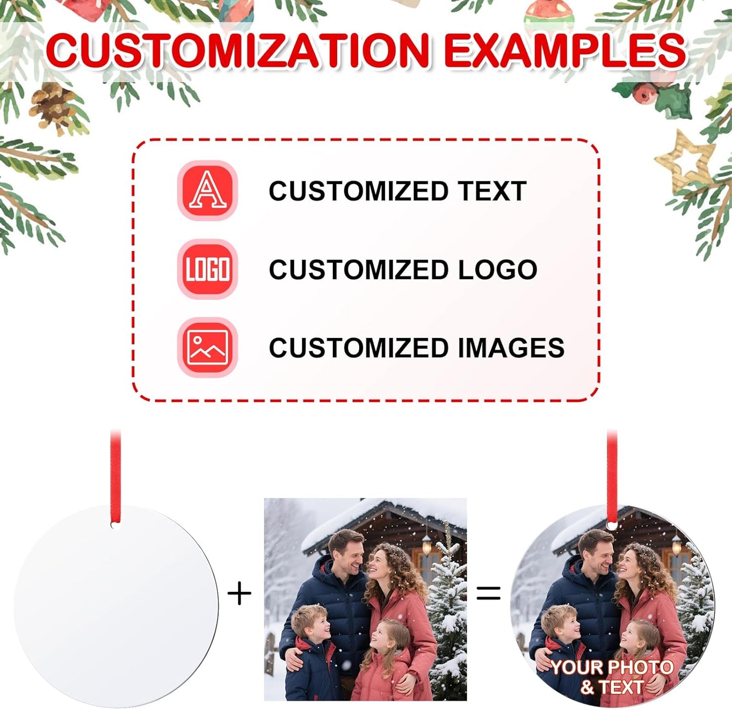 Personalized Photo Christmas Ornaments Double-Sided Metal Custom Picture Christmas Ornament 2024, Customized Xmas Tree Decorations Memorial Gifts for Kids Couples Family Friends Pet