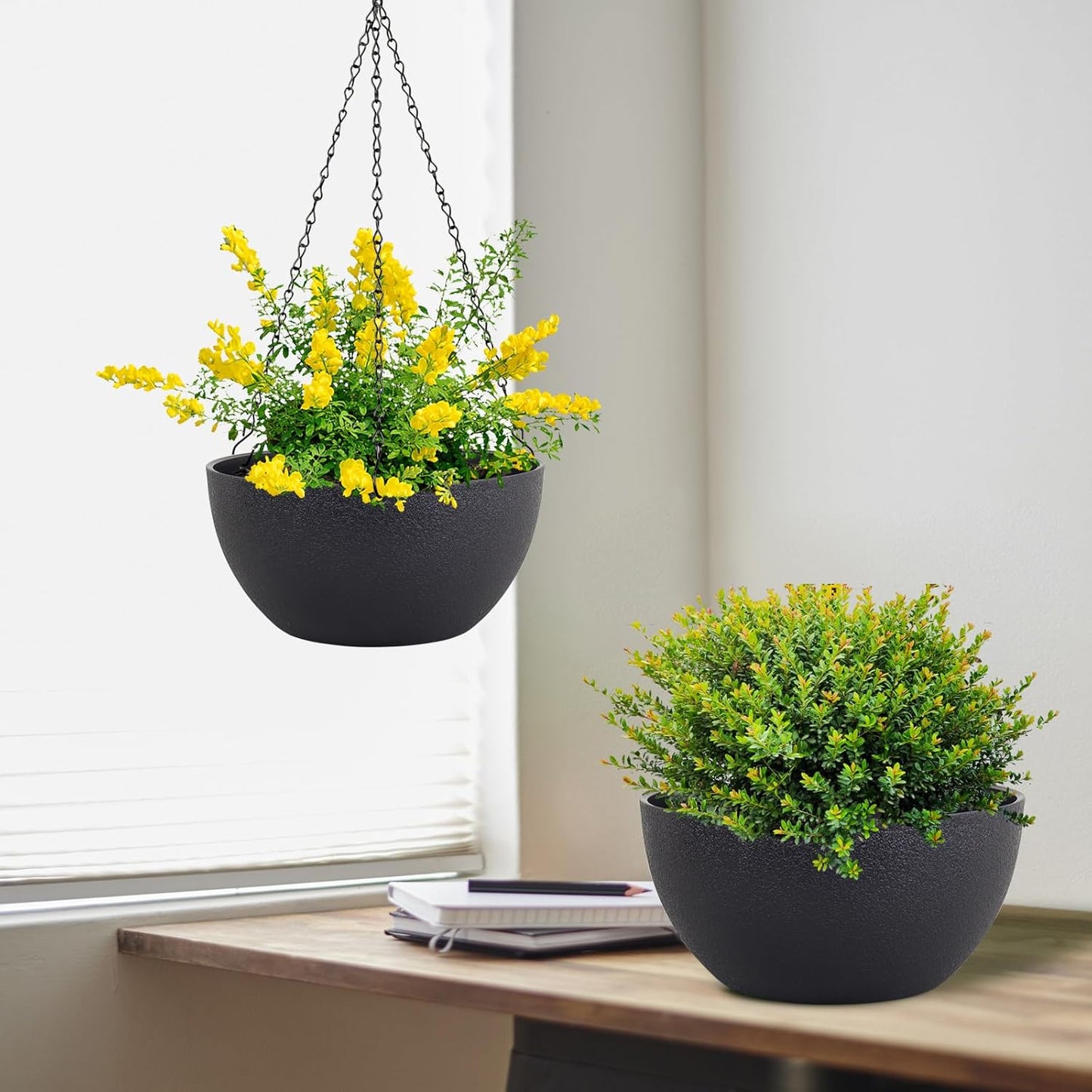 12 inch Large Hanging Planters for Indoor Outdoor Plants, 2 Pack Hanging Flower Pots with Drainage Holes and Chain for Garden Porch Plants, Plastic Hanging Baskets for House Plants, Black