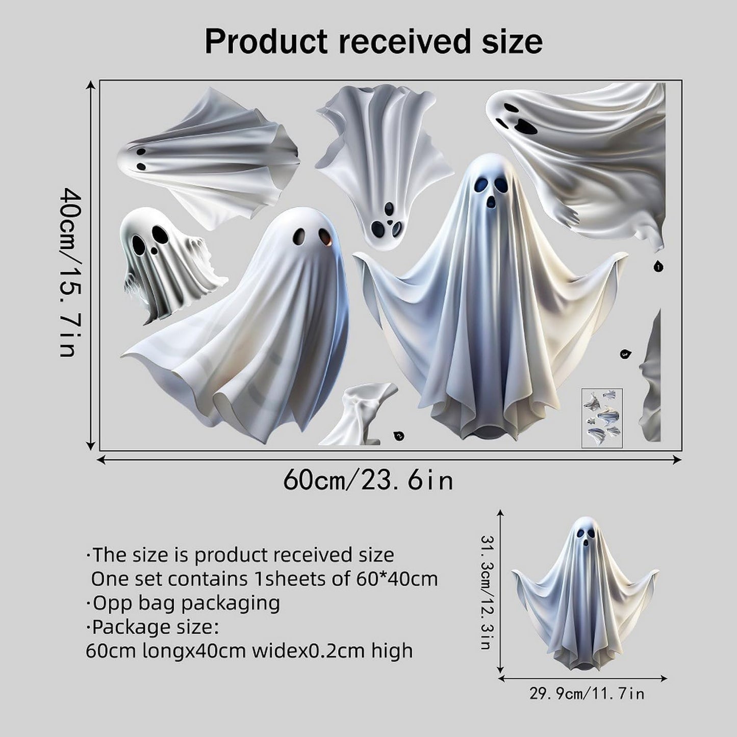 Halloween Ghost Window Clings for Glass 1PCS Static Cling Window Decals Spooky Window Stickers White Removable & Reusable Home School Office Party Decorations